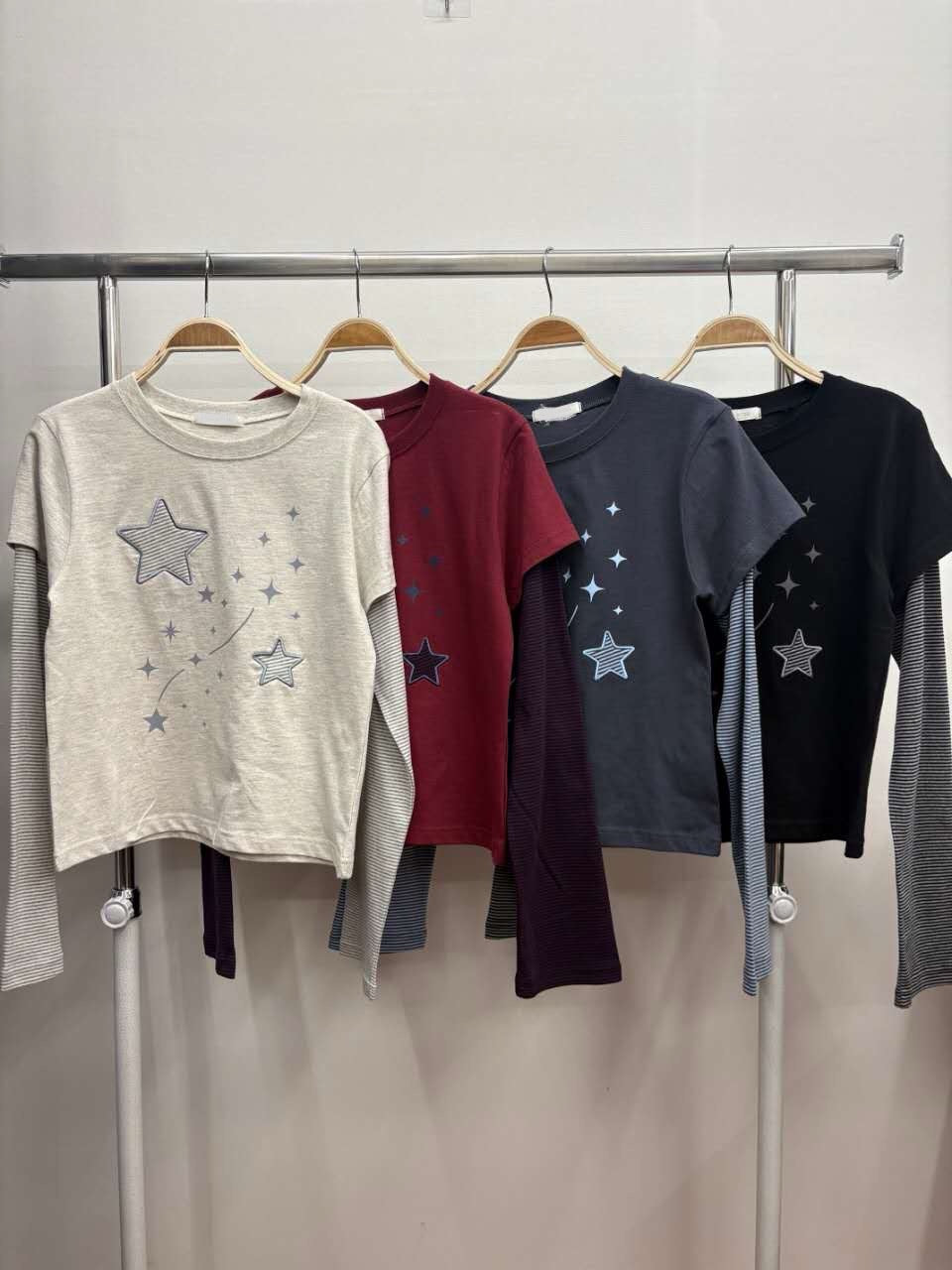 (★BEST) star stripe layered tee (black)