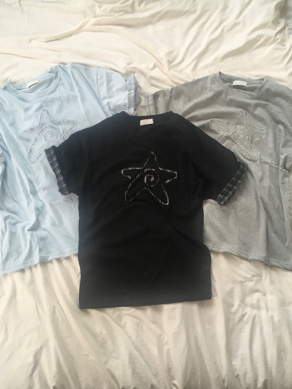 (★BEST) check star roll-up tee (black)