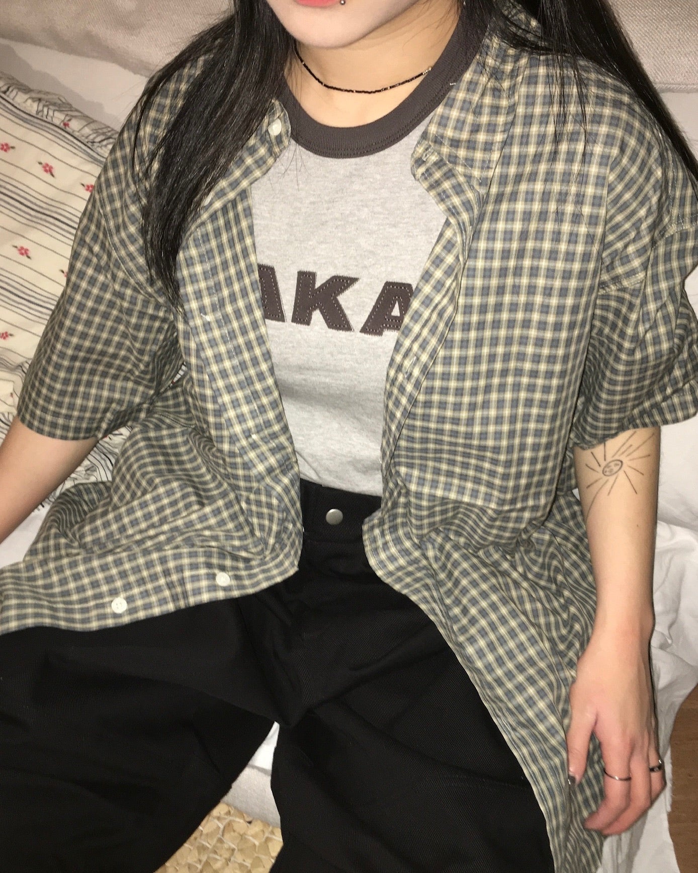 checked nylon shirt (khaki blue)
