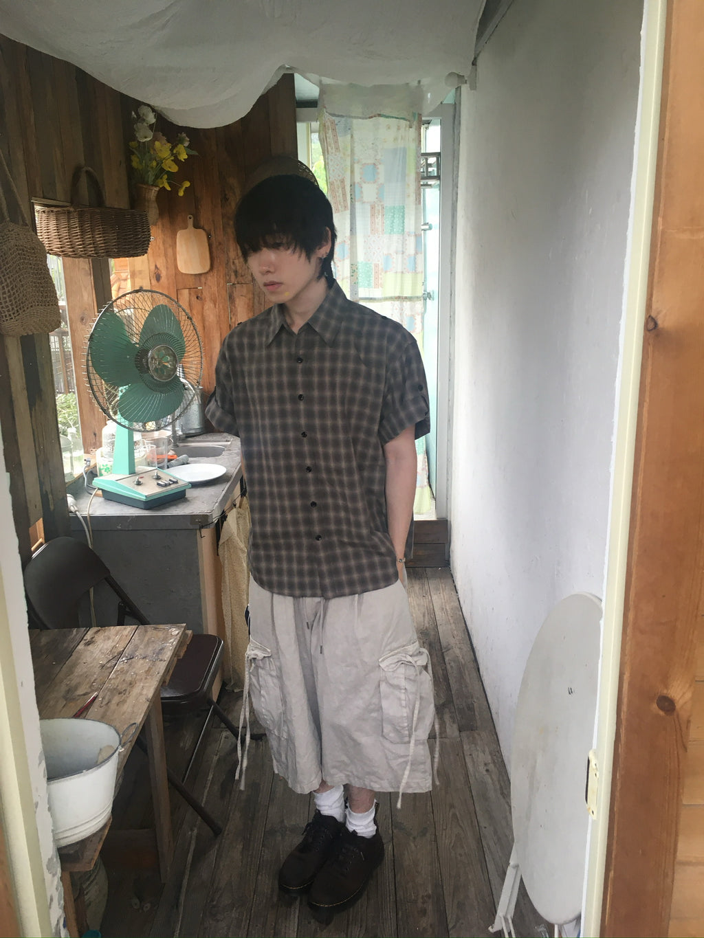 check linen shirt (charcoal)