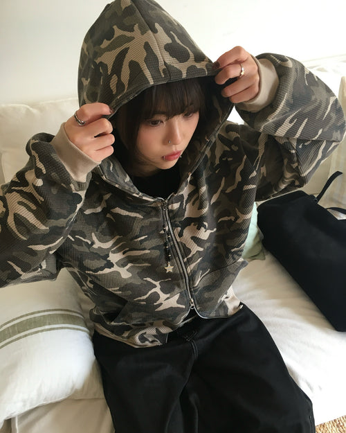 camo waffle zip-up hoodie (beige)