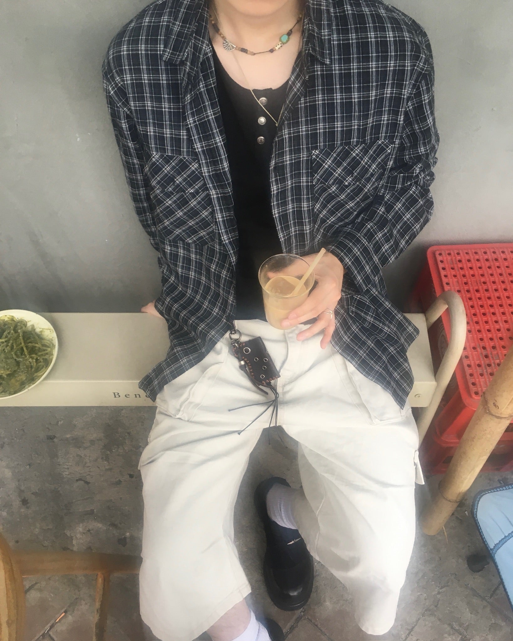 double pocket checked shirt (black)