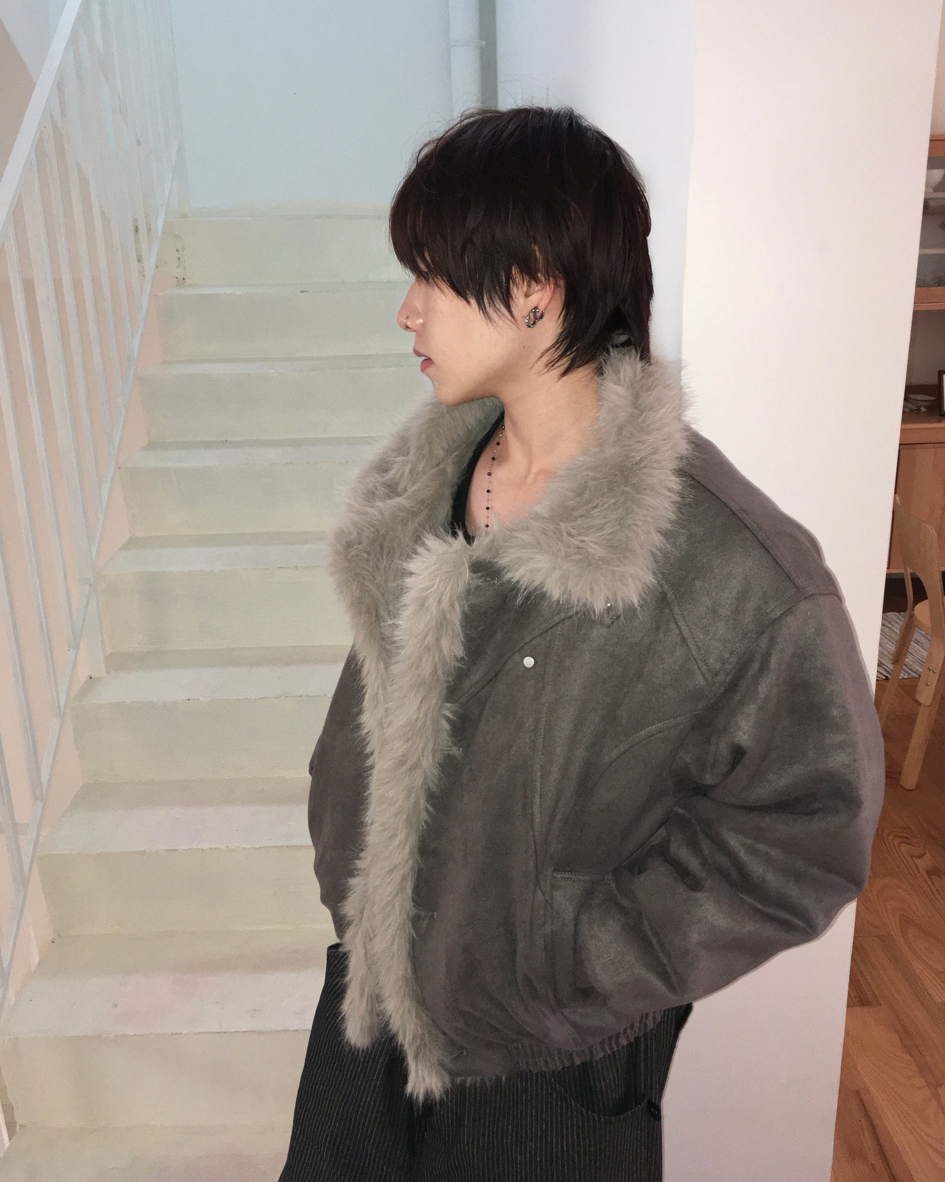 fur collar jacket (charcoal)
