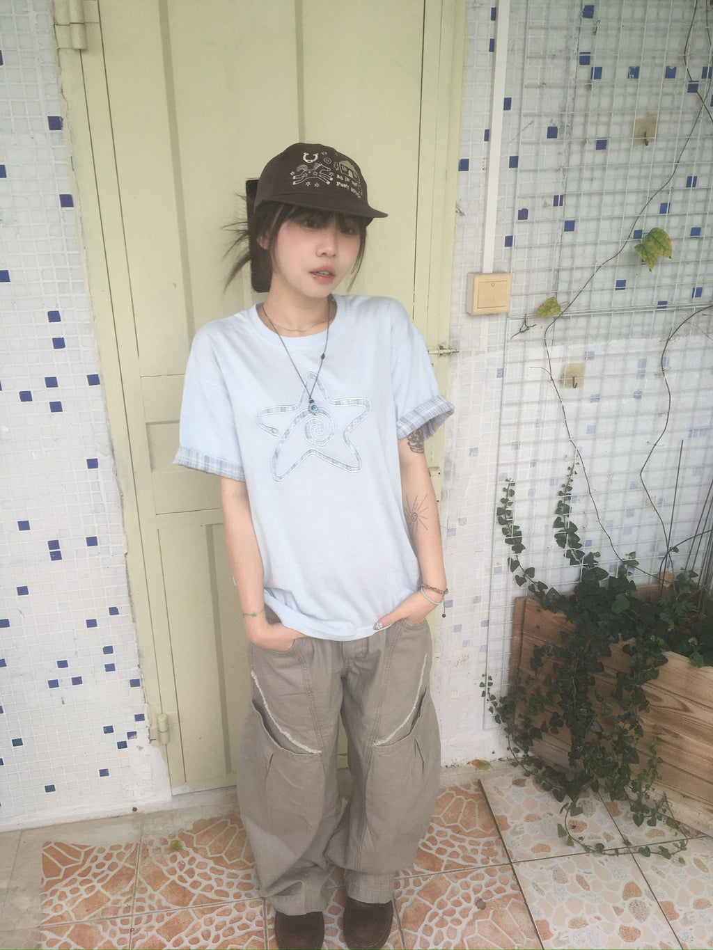 (★BEST) check star roll-up tee (sky blue)