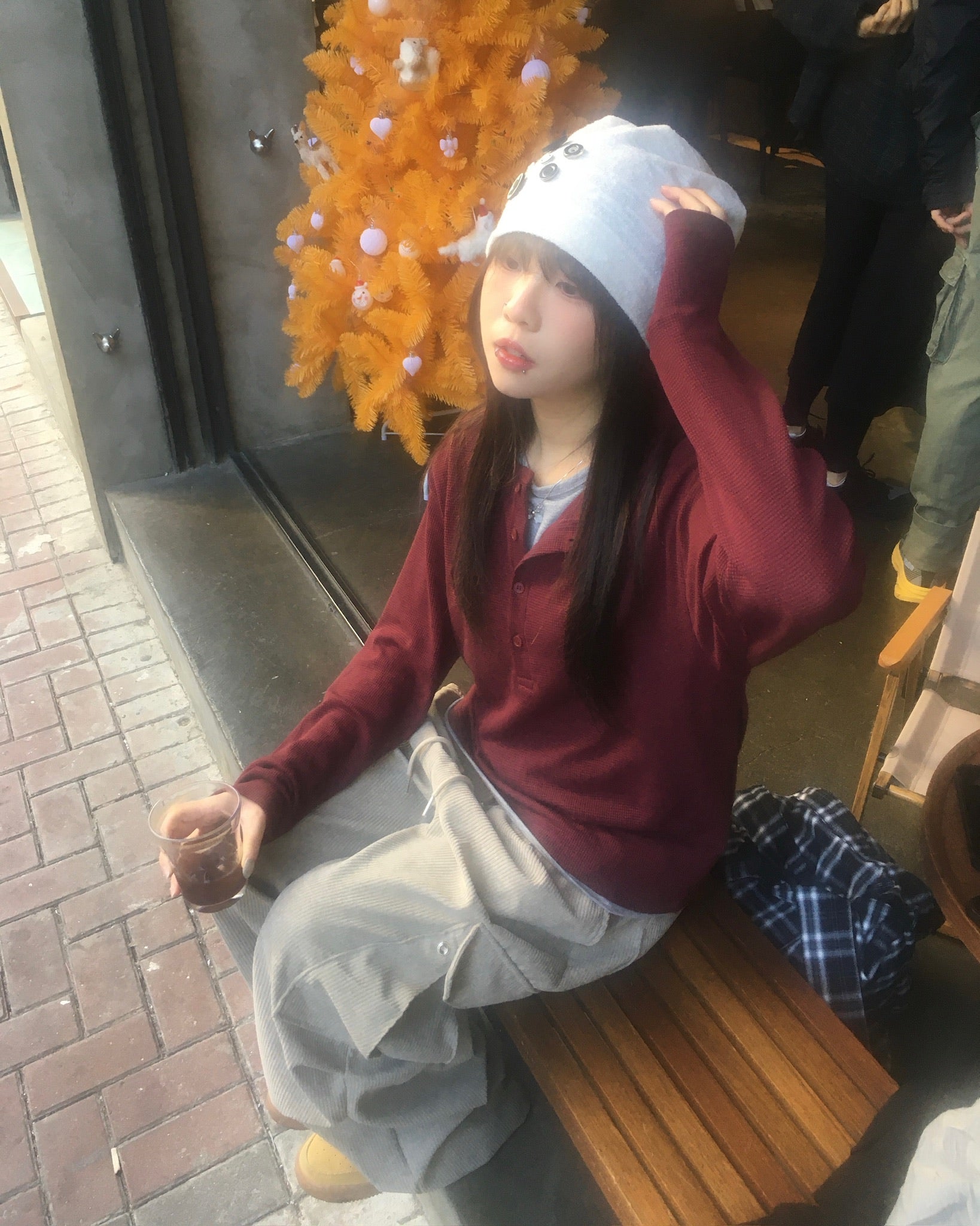 waffle henly neck shirt (wine)