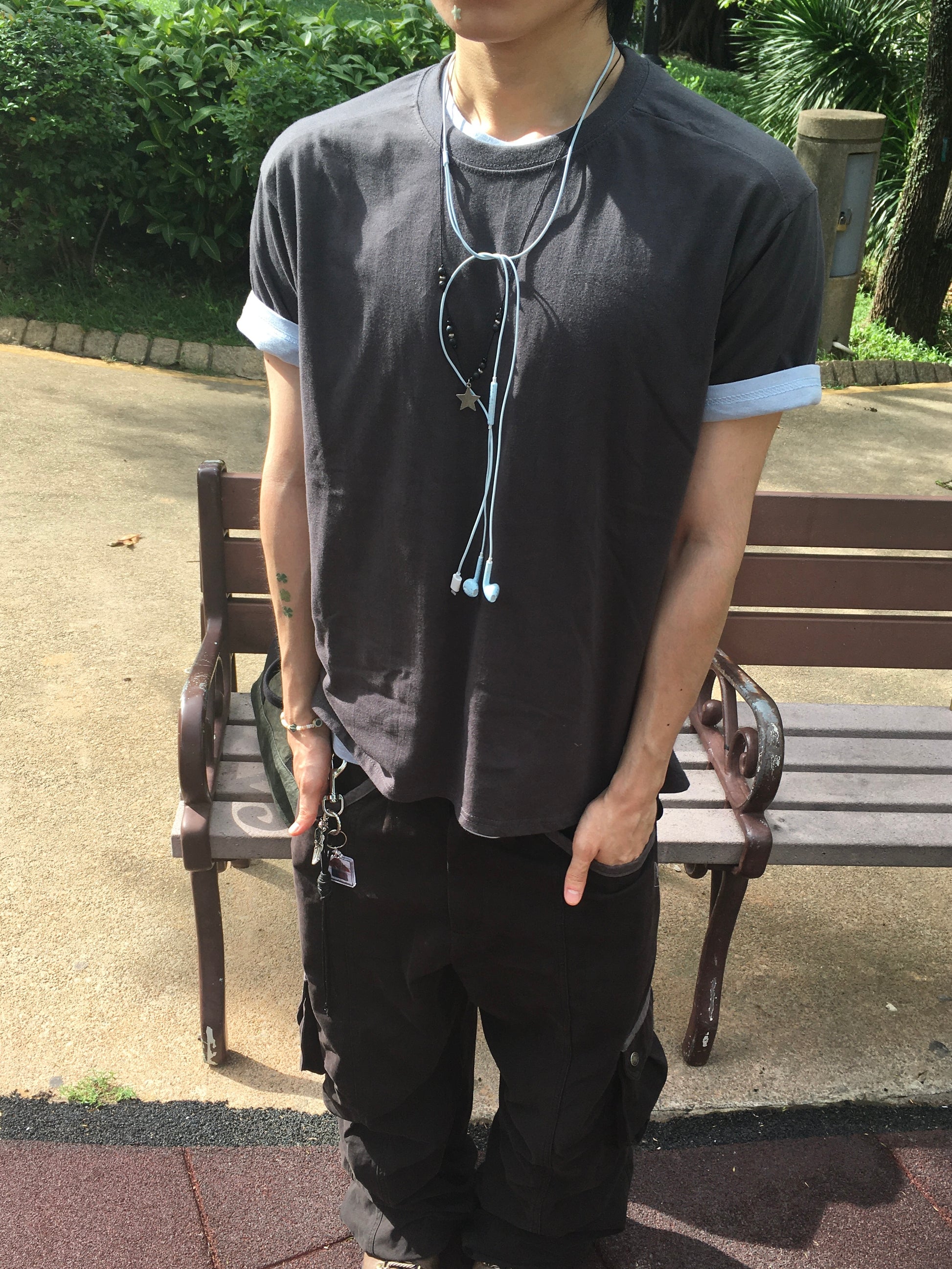 (★1+1) layered crop tee (charcoal+fade blue)