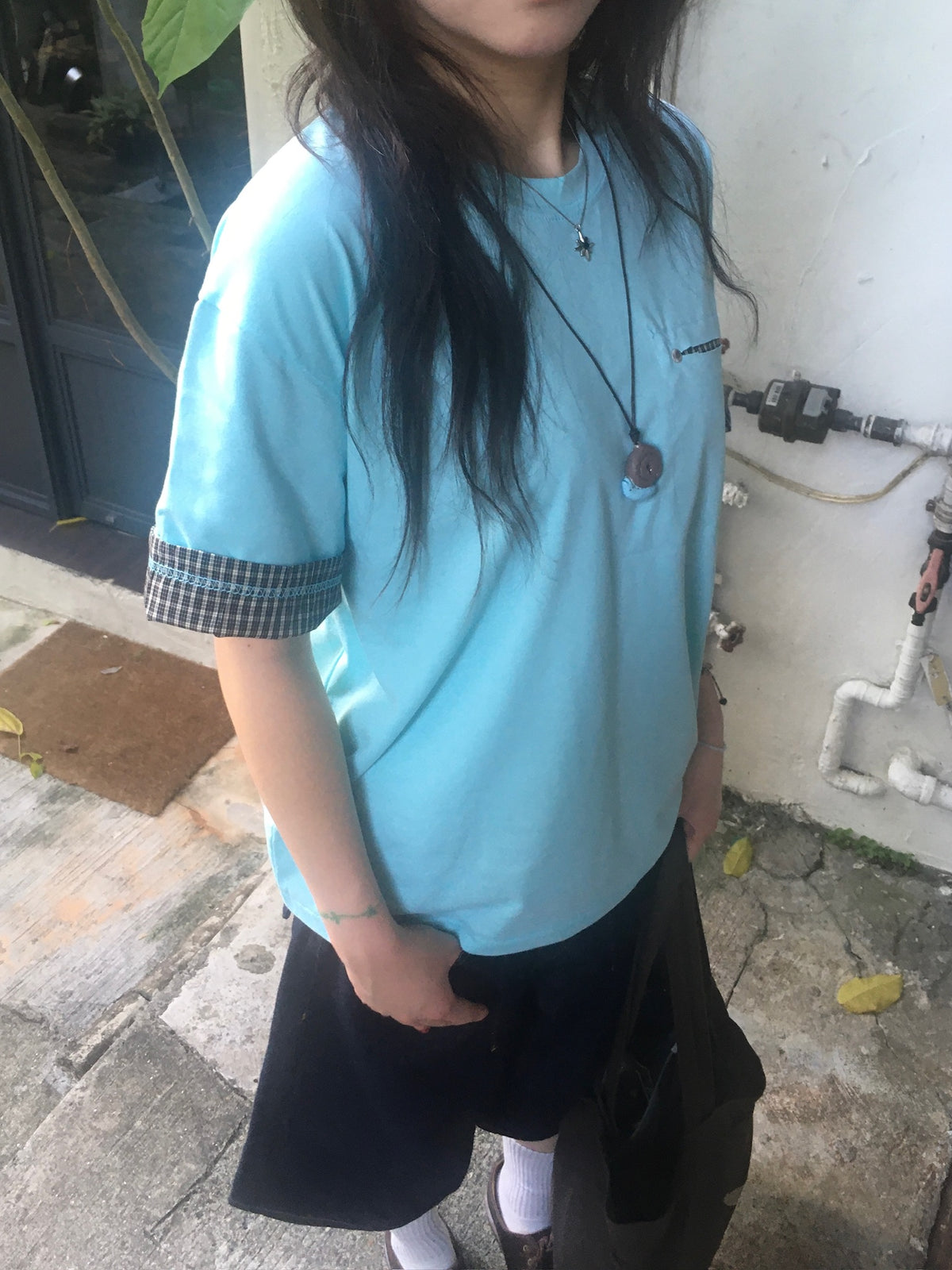 check roll-up pocket tee (mint)