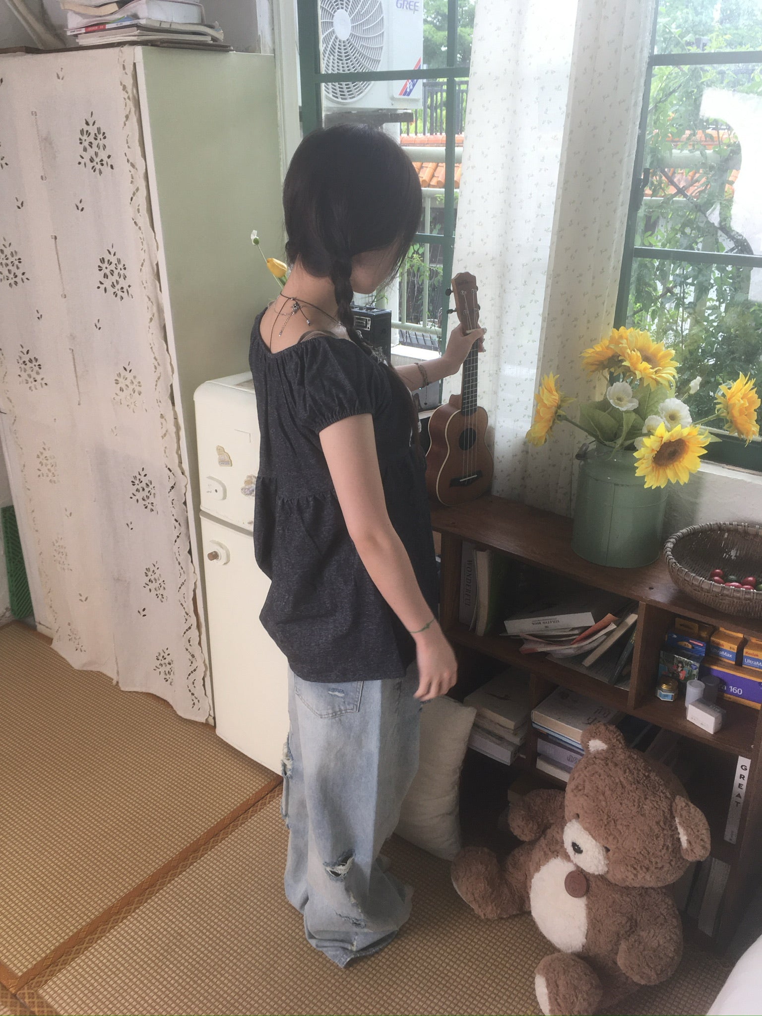 (★BEST) lace trim babydoll top (charcoal)