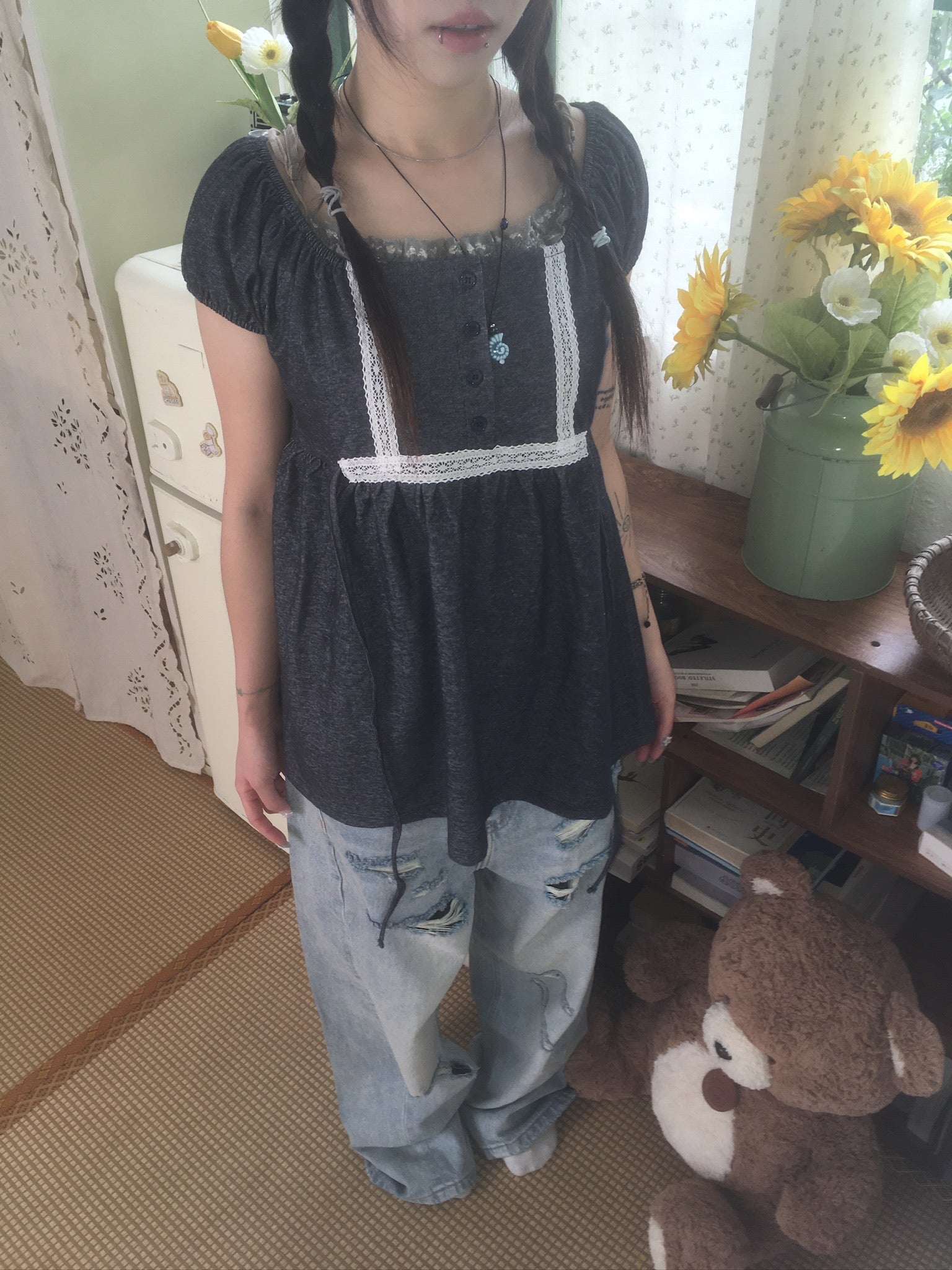 (★BEST) lace trim babydoll top (charcoal)