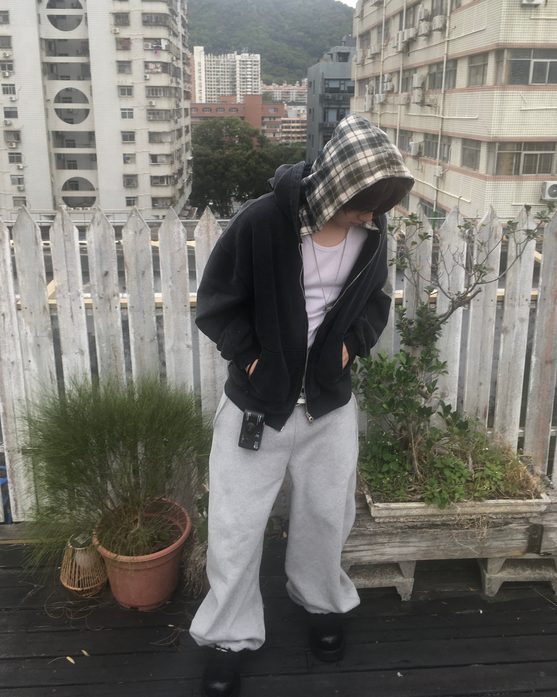 layered check zip-up hoodie