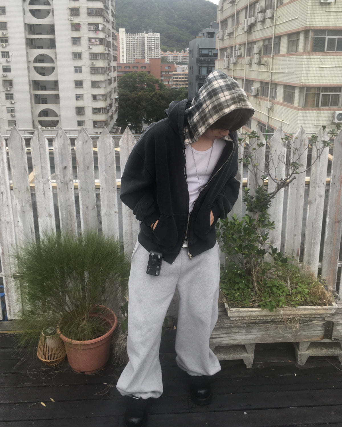 layered check zip-up hoodie