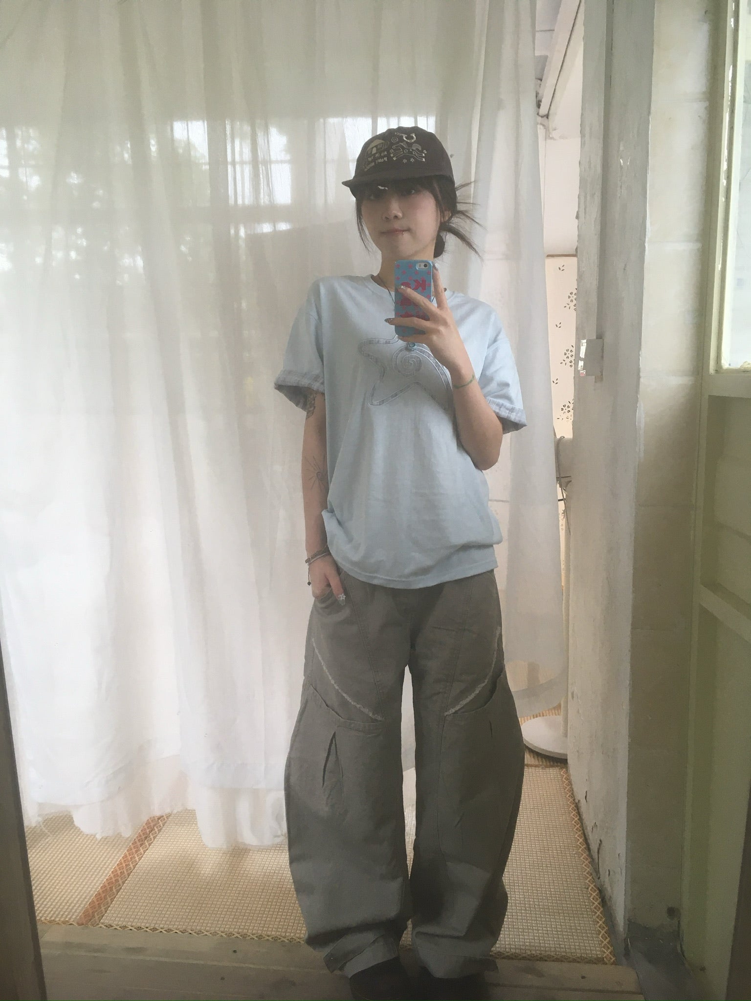 (★BEST) check star roll-up tee (sky blue)