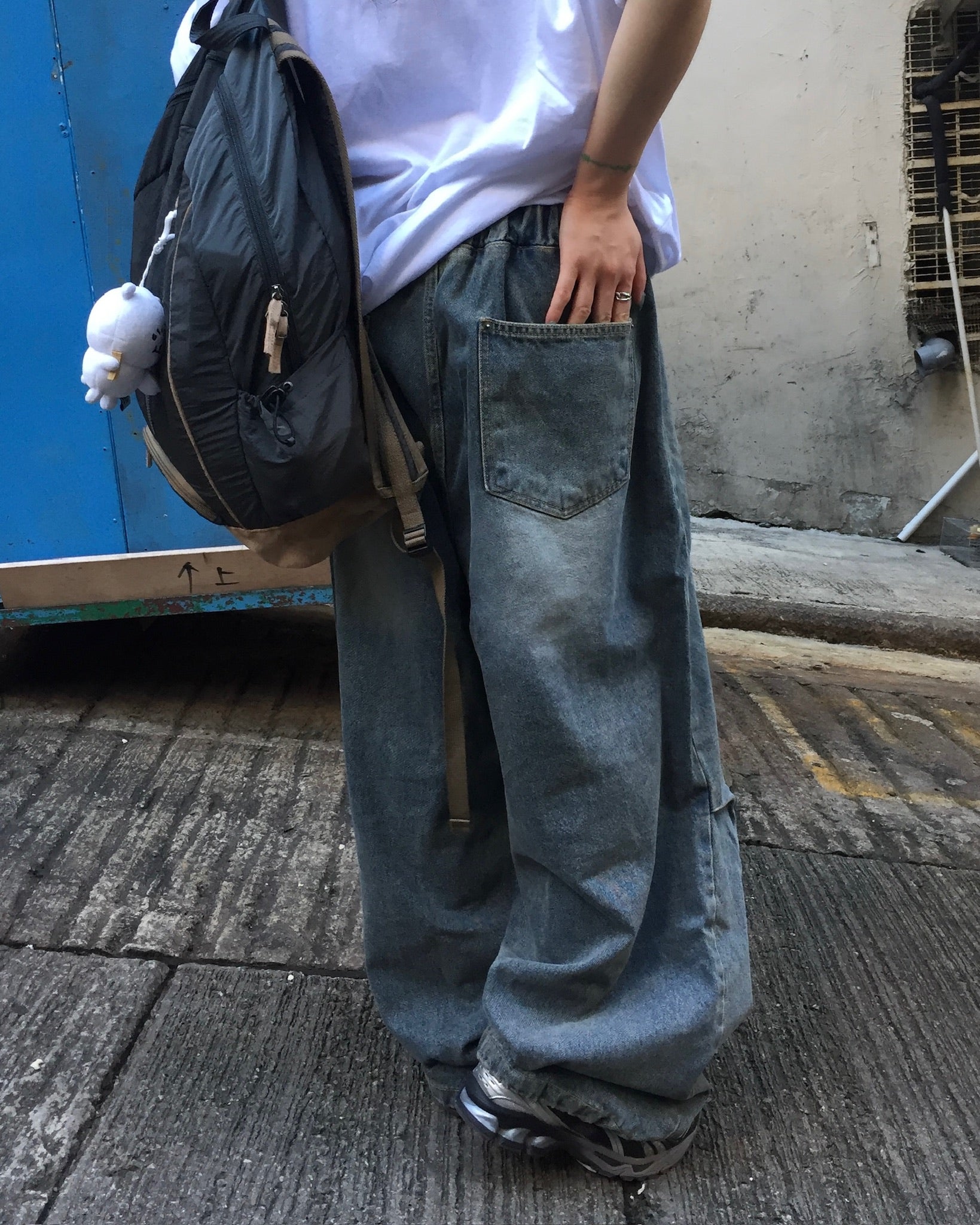 (in stock) washed string wide jeans (washed blue)