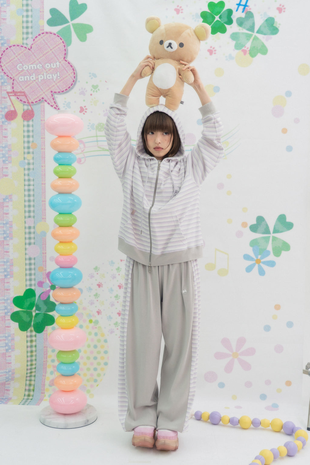 HUGYOURSKIN STRIPE KORILAKKUMA HOODIE ZIP-UP (PINK)