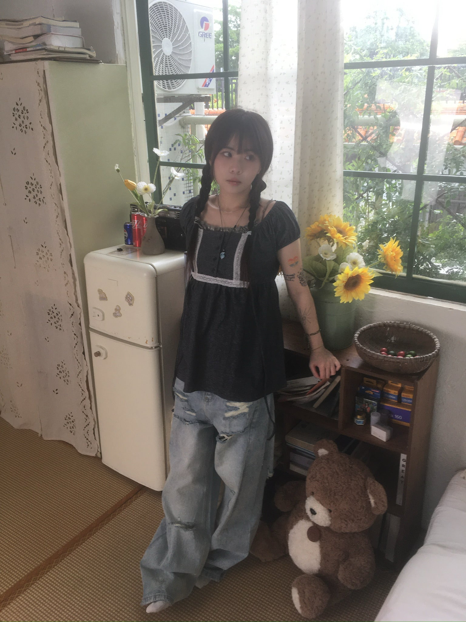 (★BEST) lace trim babydoll top (charcoal)