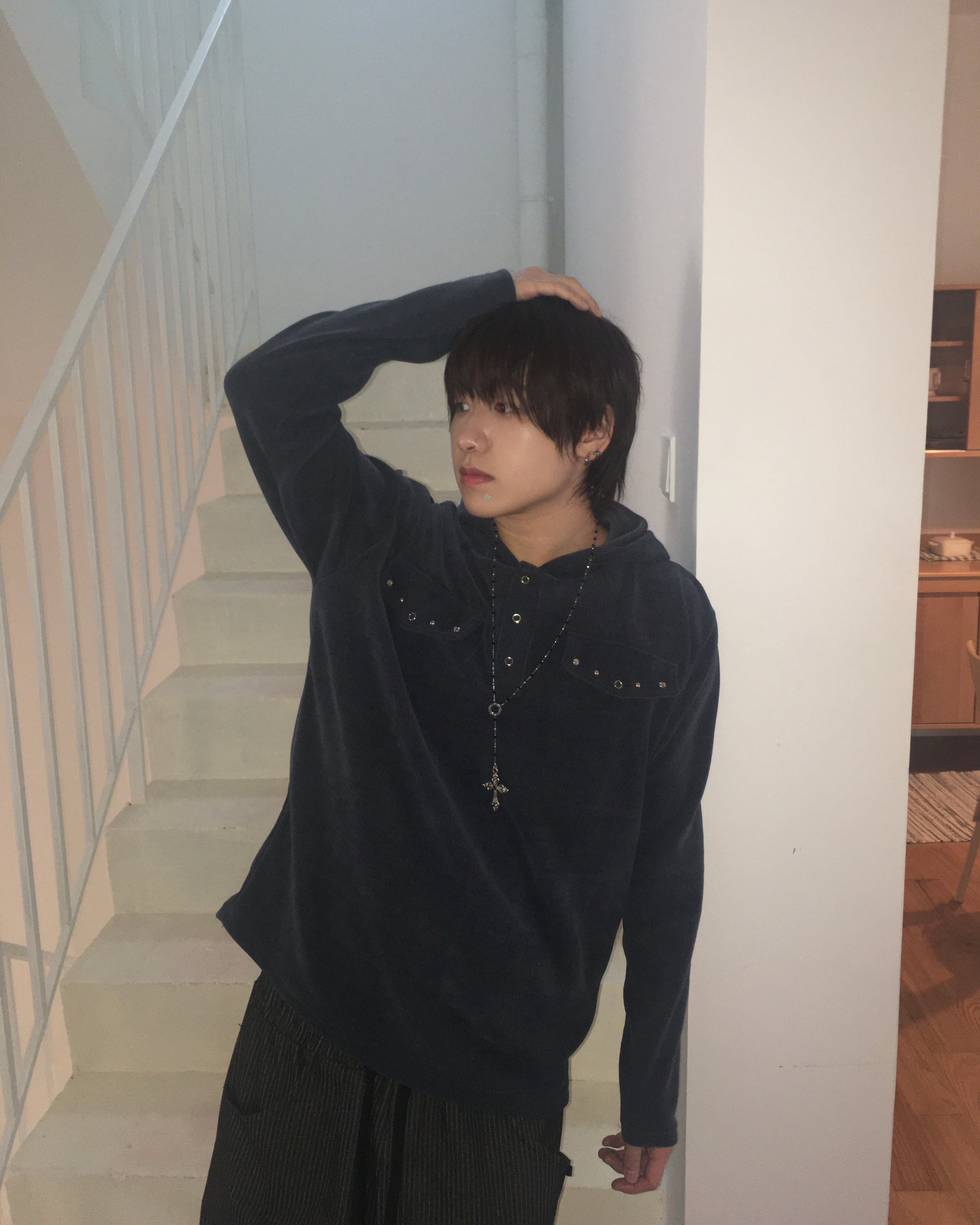 rivet collar hooded shirt (navy)