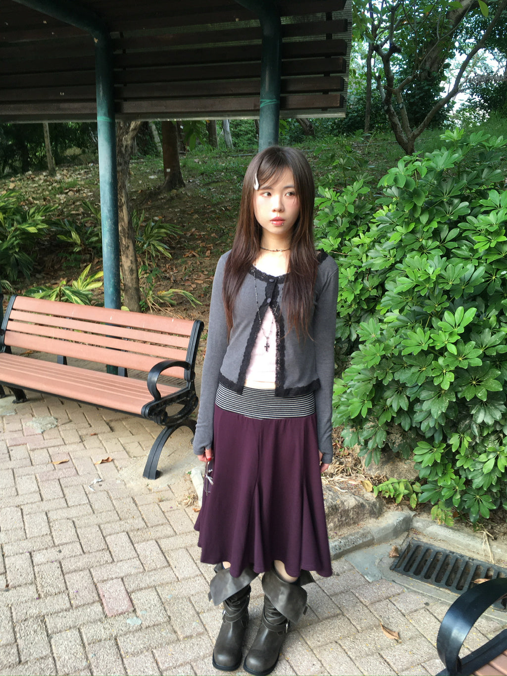 lace trim button cardigan (charcoal)