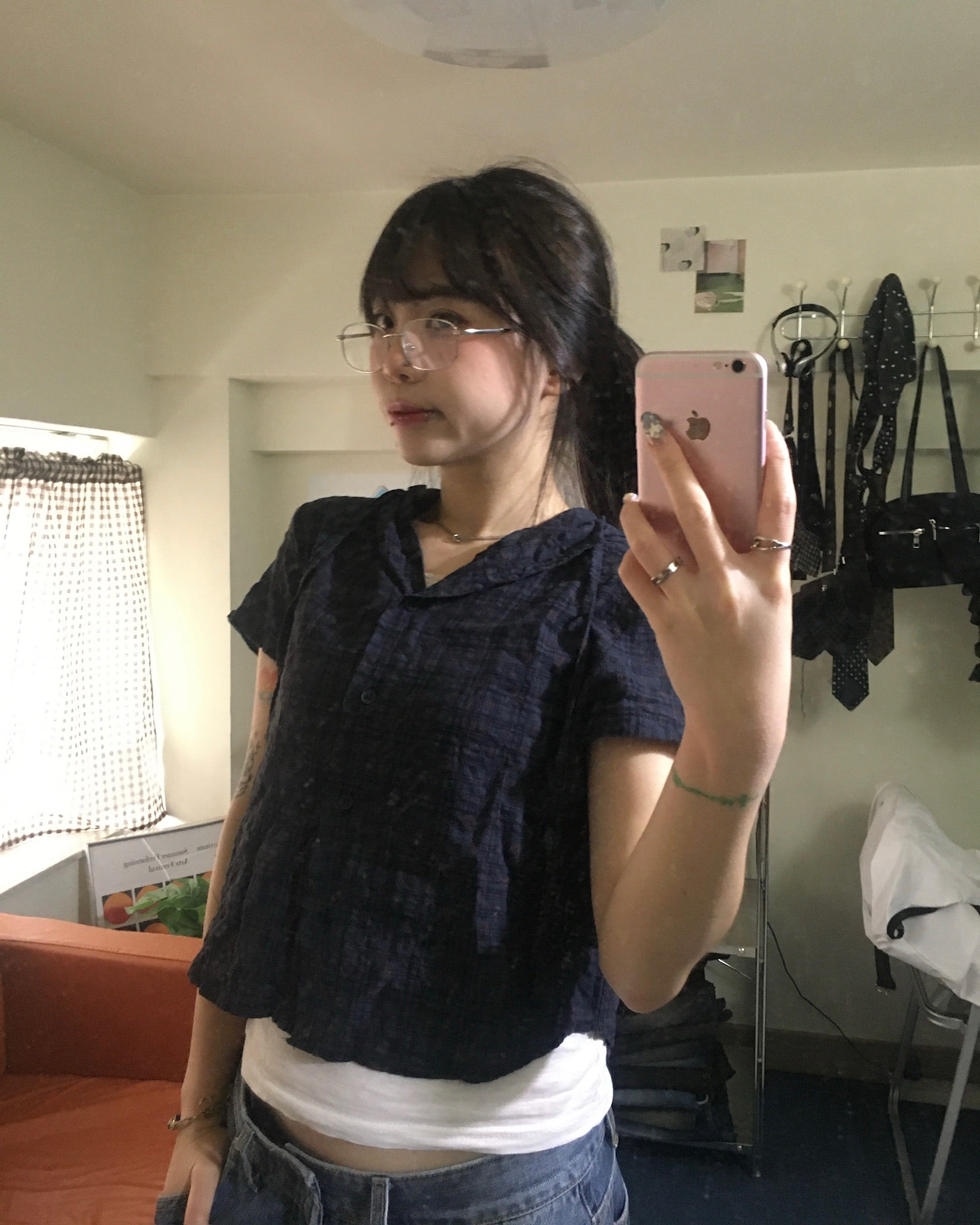 floral checked hood shirt (navy)