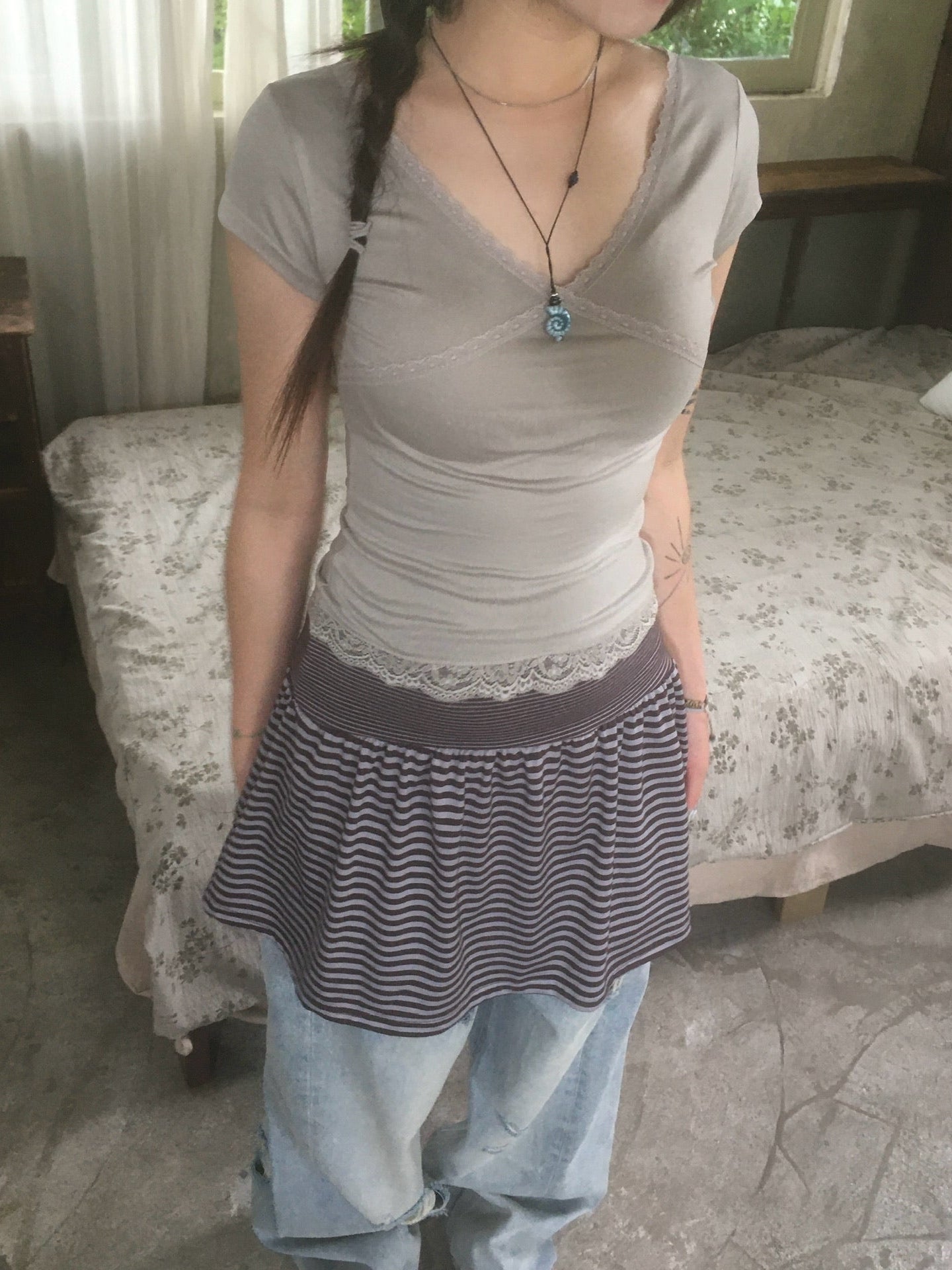 striped cotton skirt (brown)