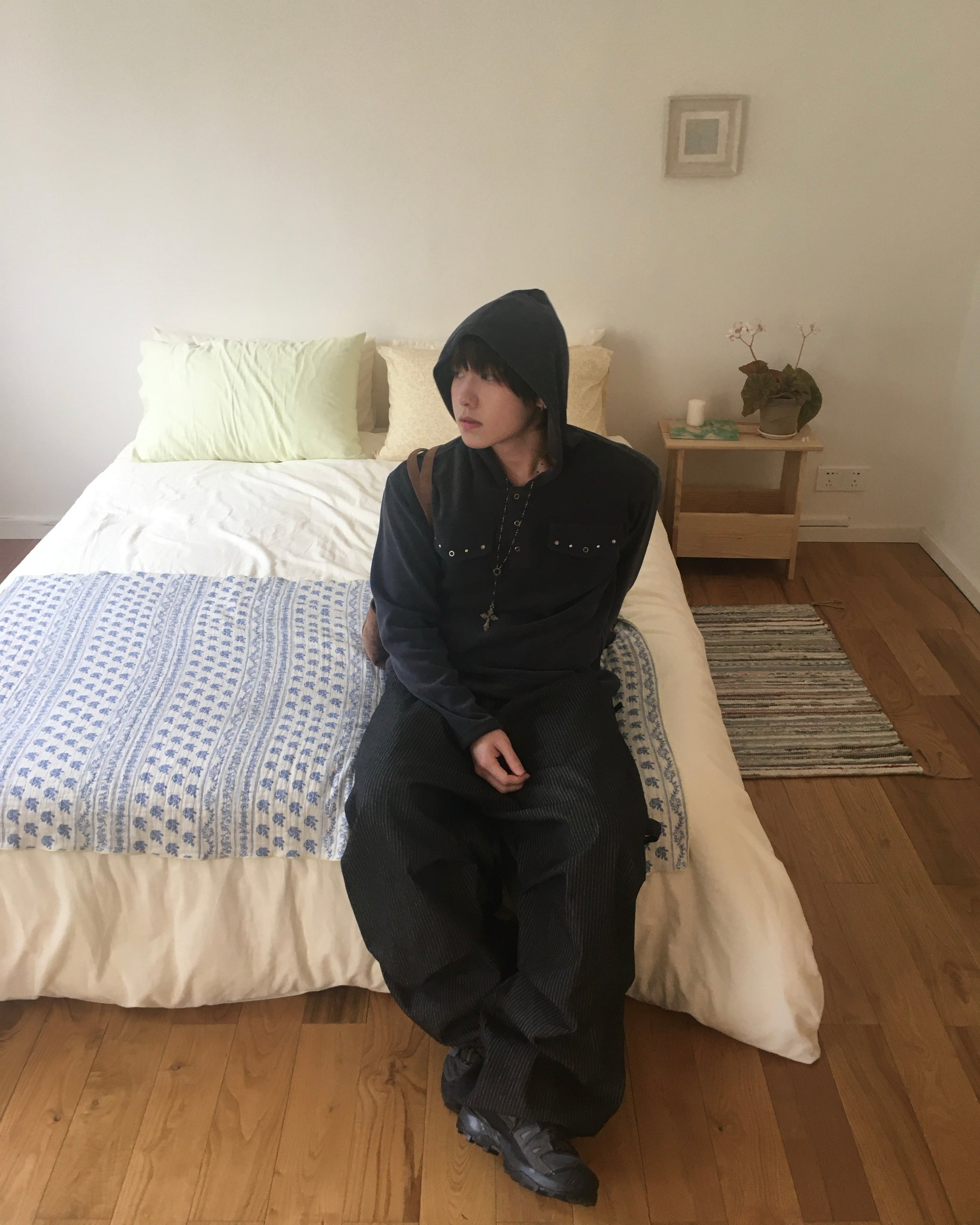 rivet collar hooded shirt (navy)