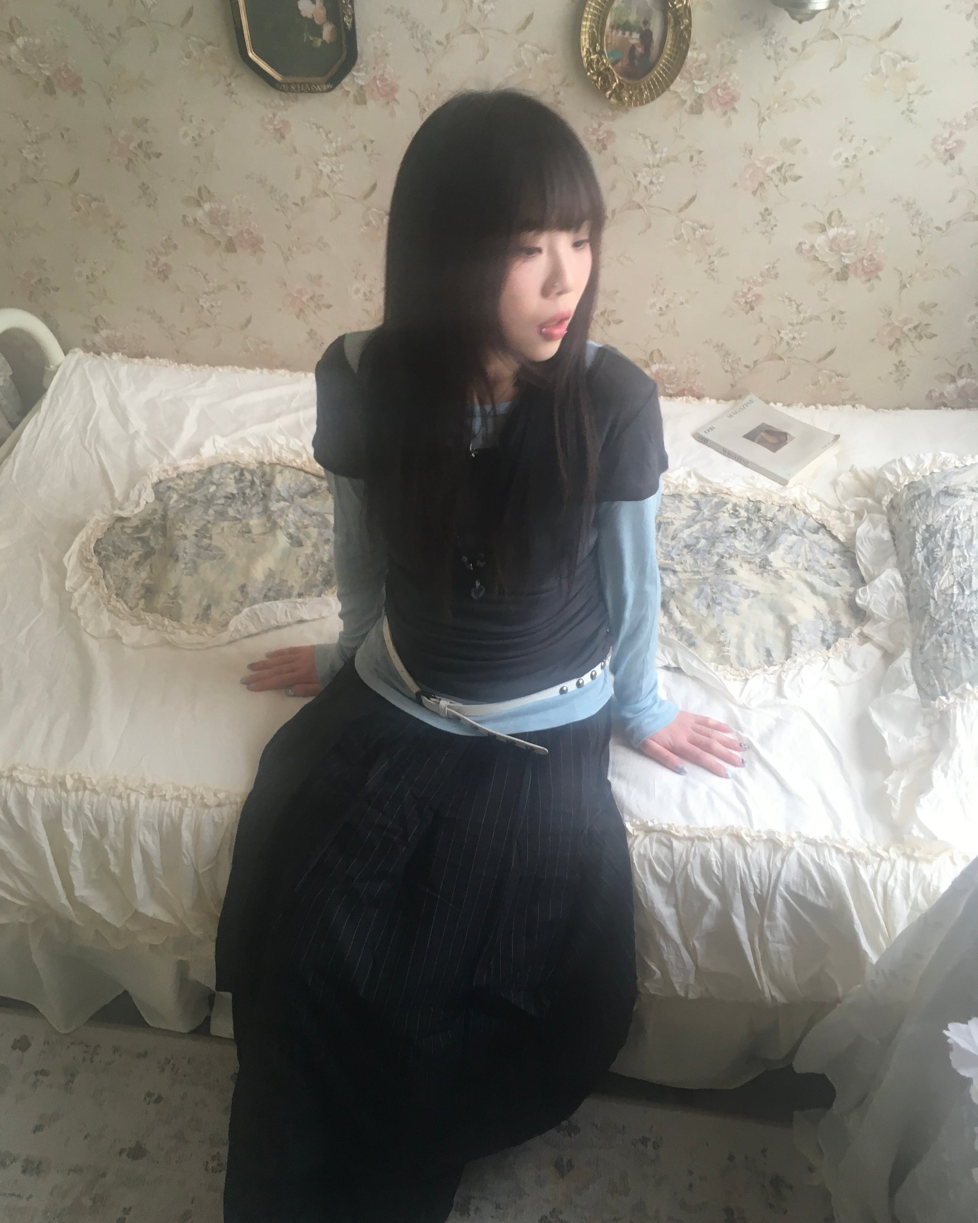 skirt stripe layered pants (black)