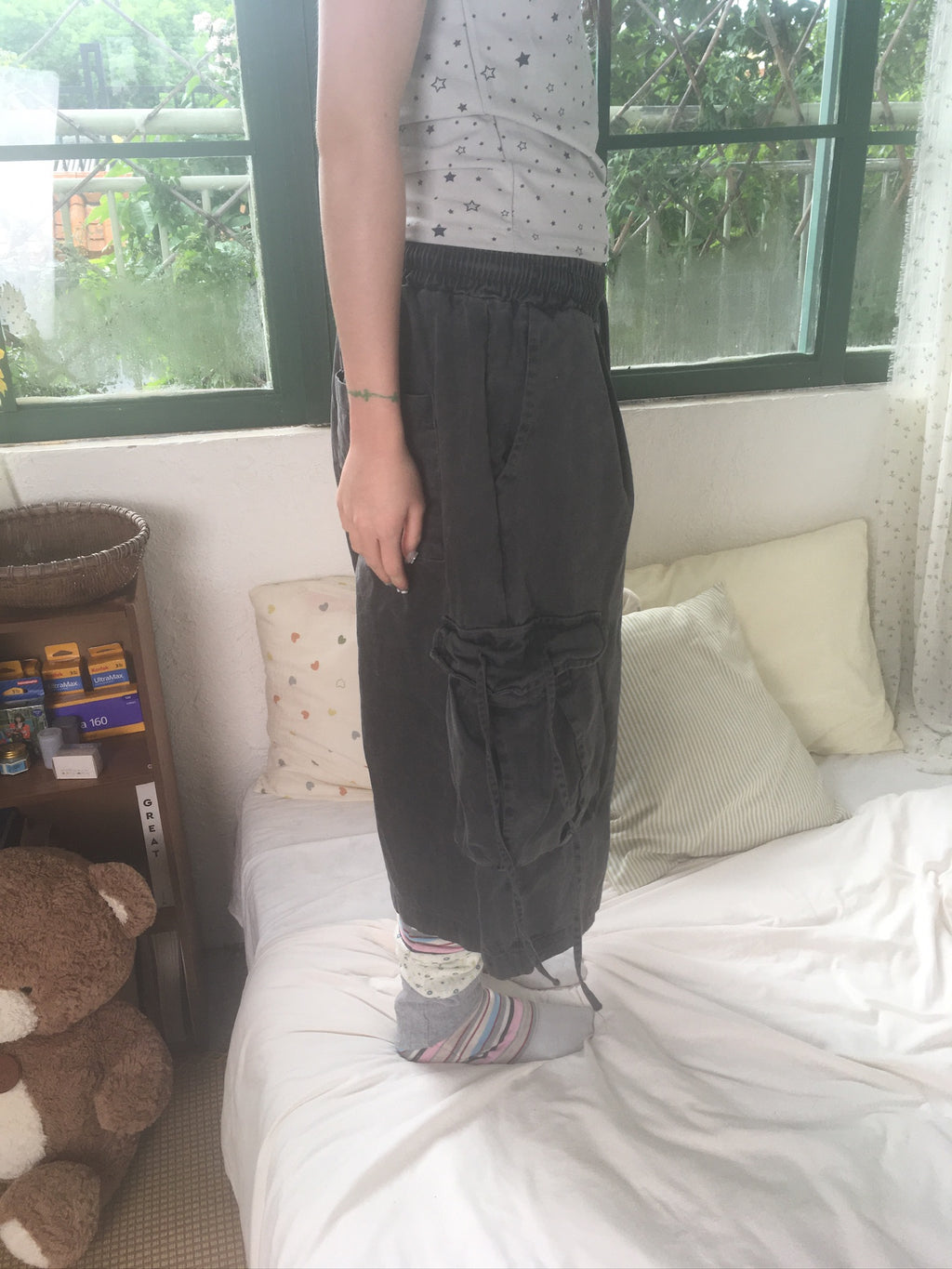 drawstring half cargo pants (charcoal)