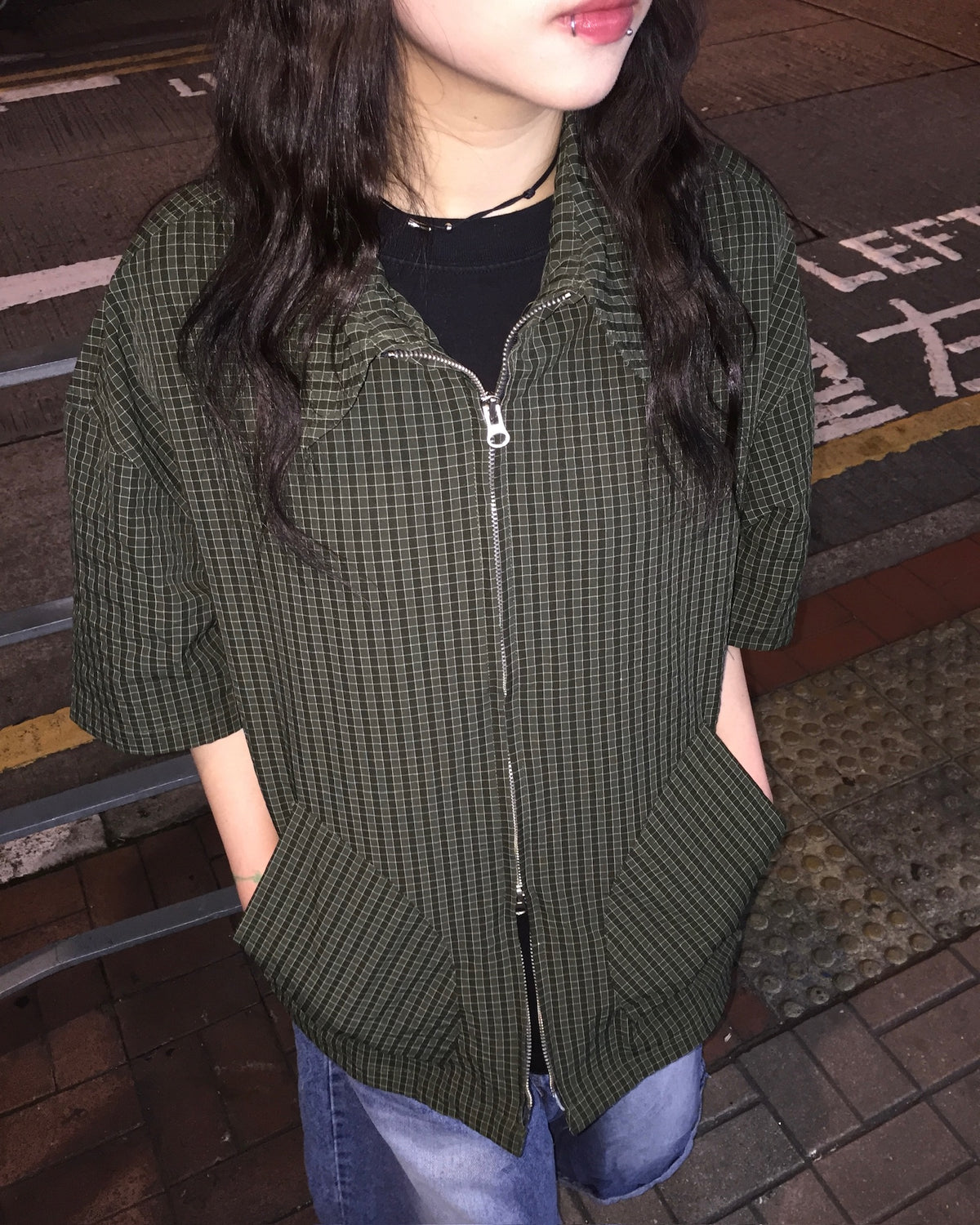 checked shortcut zip-up shirt (khaki)