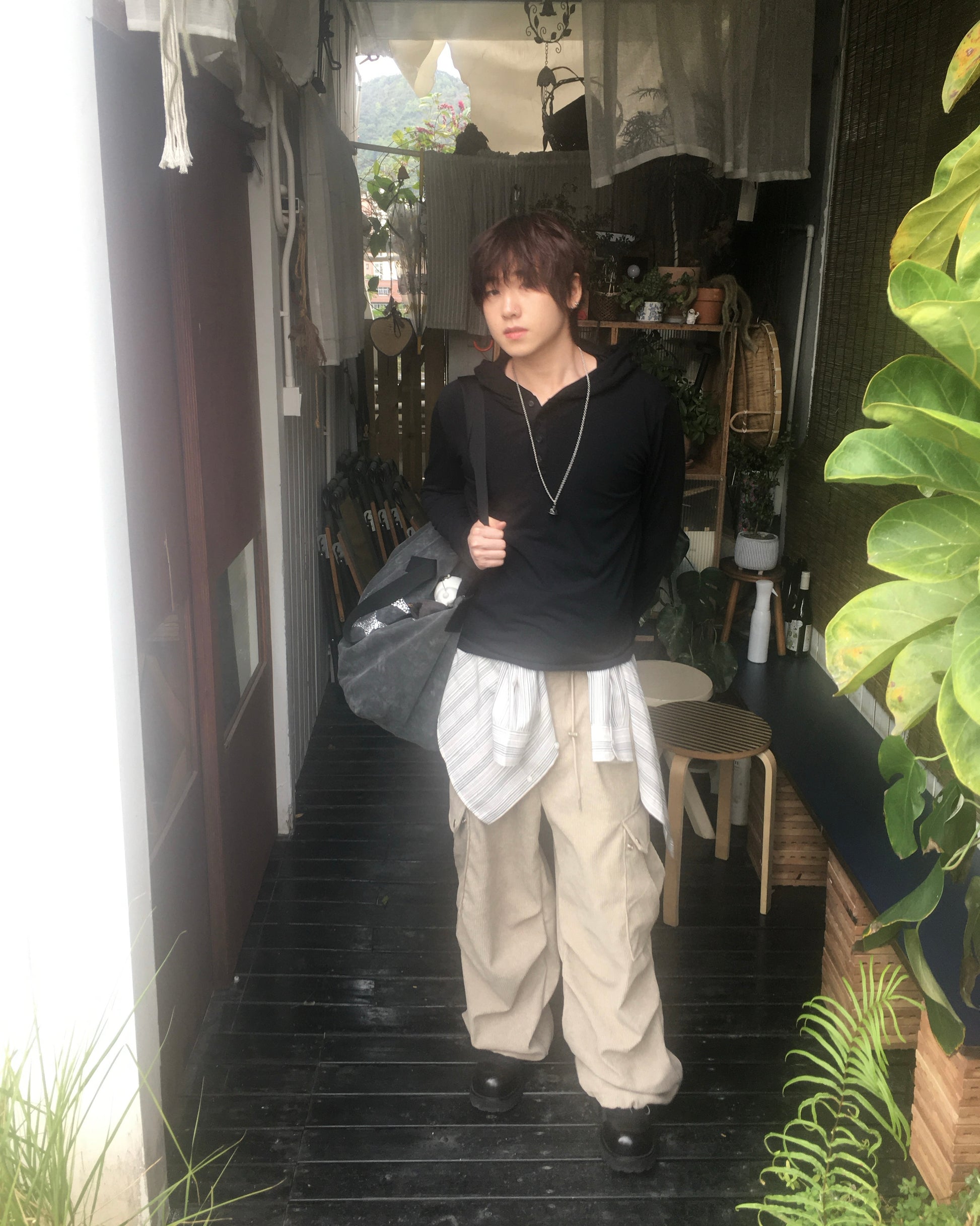 henley neck hooded shirt (black)