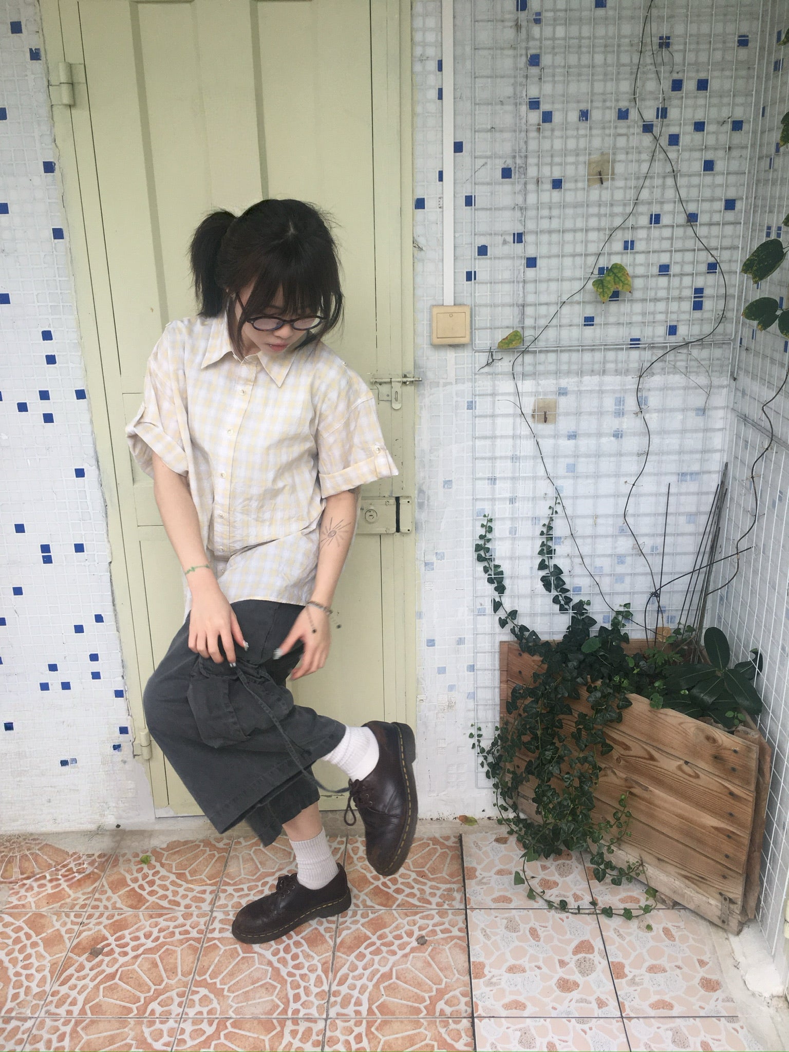 check linen shirt (yellow)