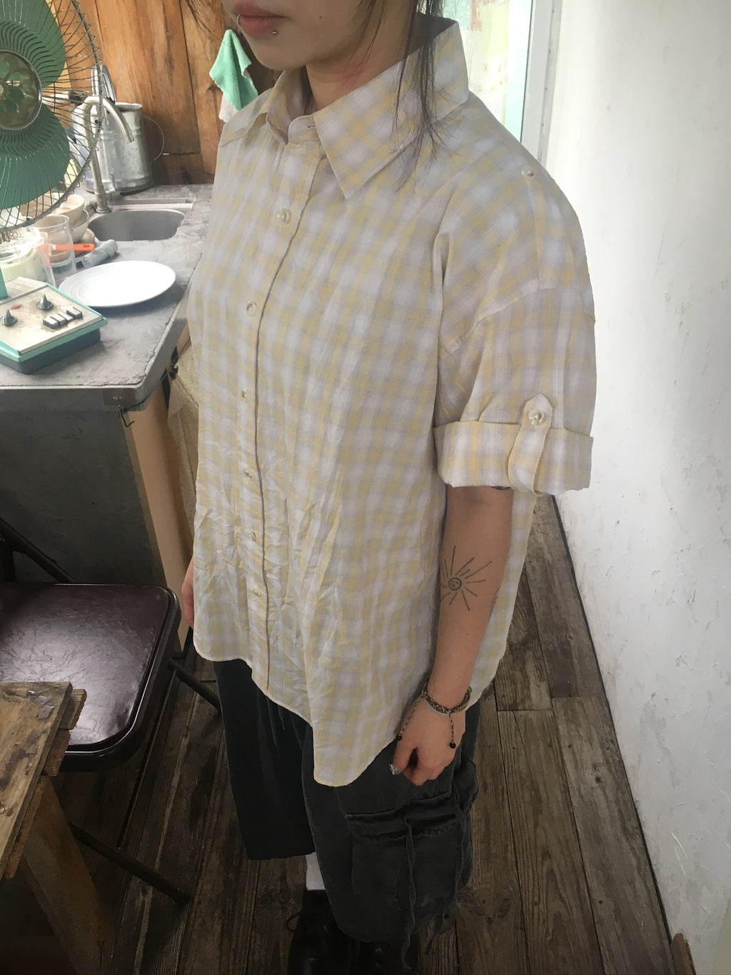 check linen shirt (yellow)