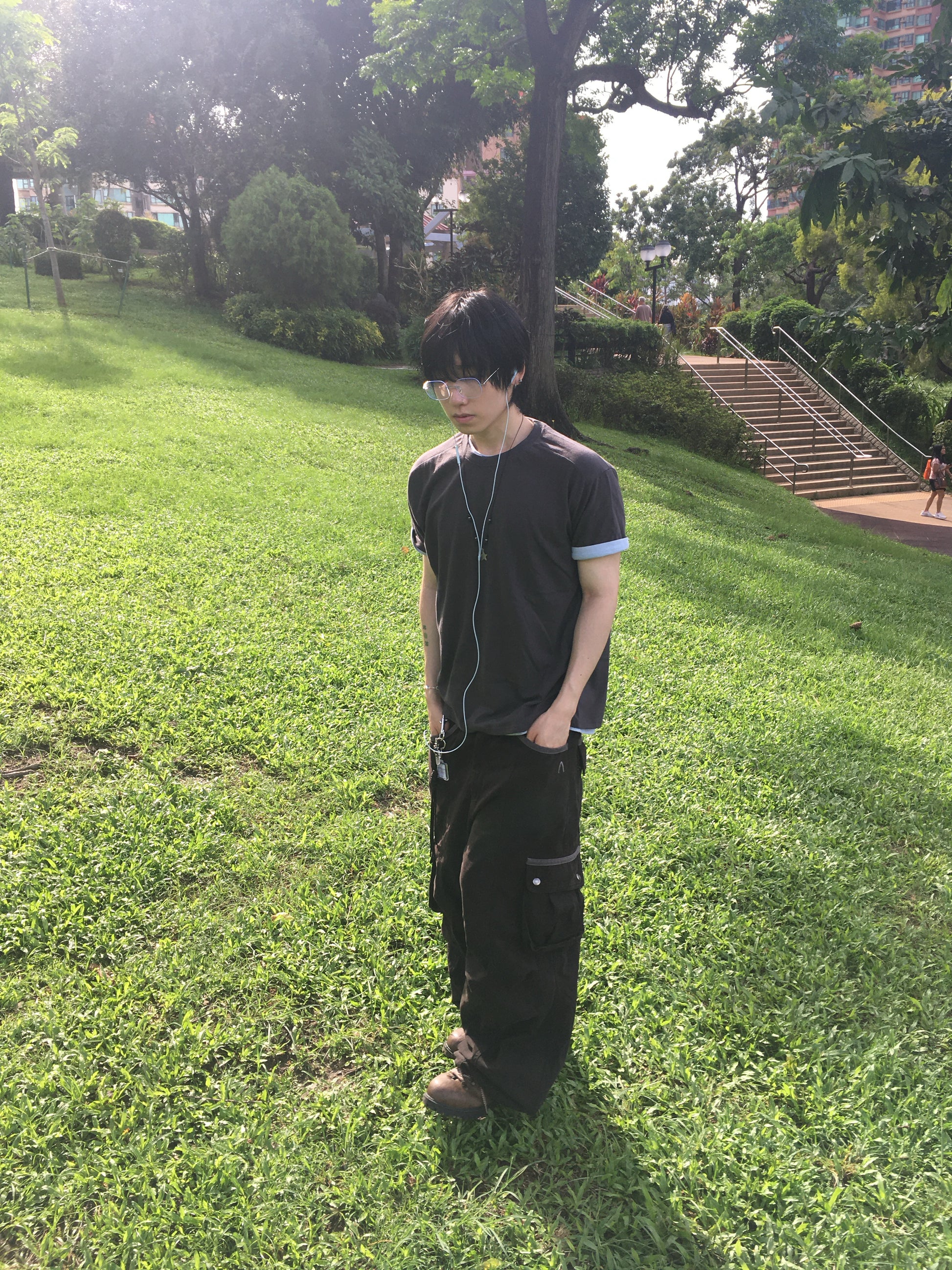(★1+1) layered crop tee (charcoal+fade blue)