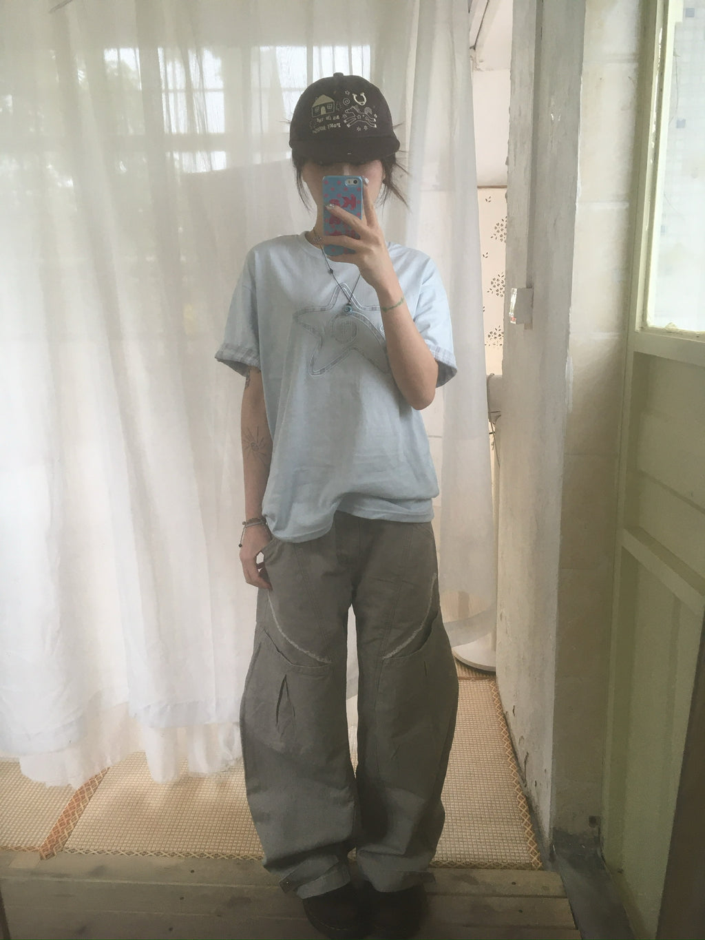 (★BEST) check star roll-up tee (sky blue)
