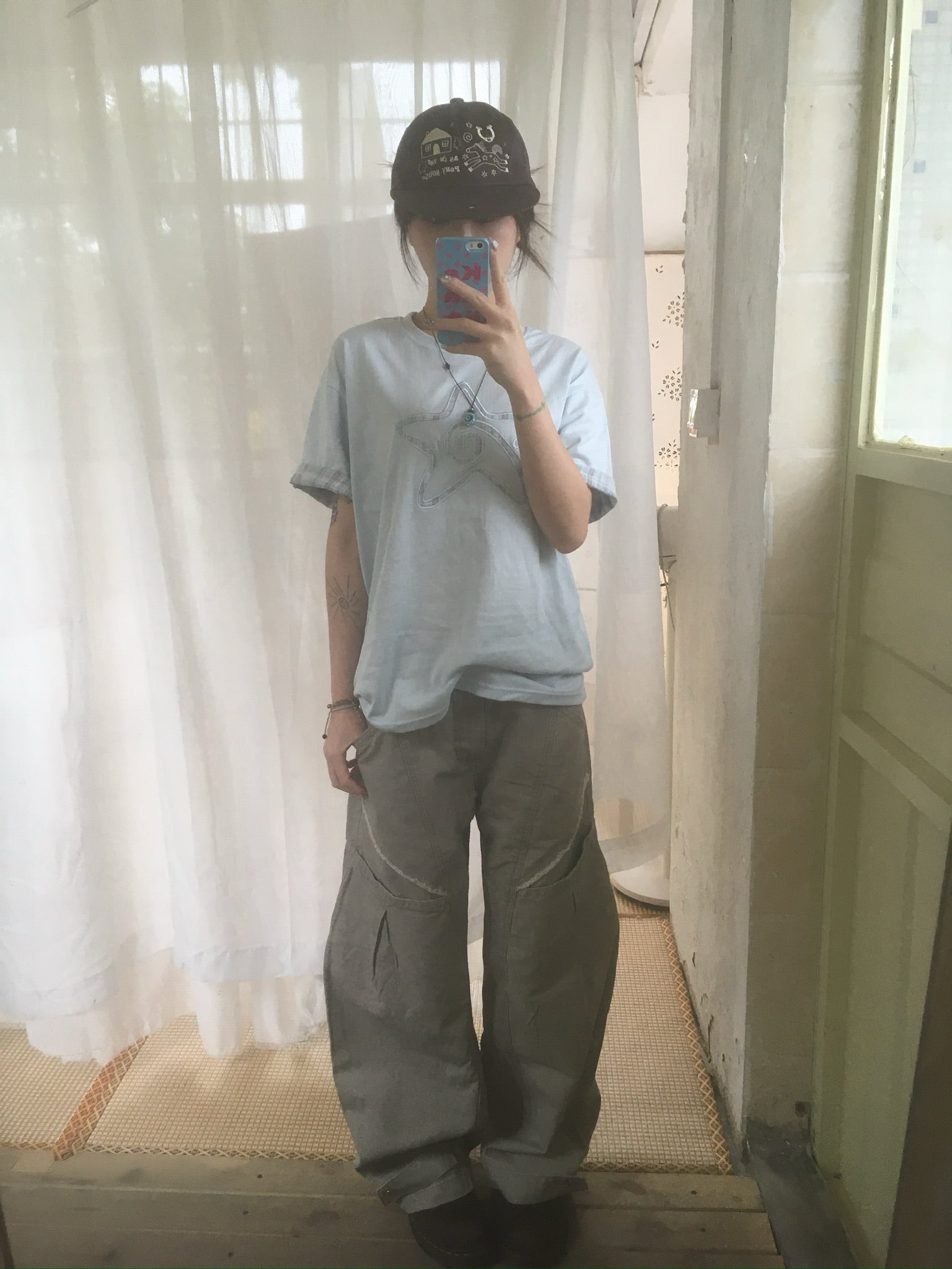 (★BEST) check star roll-up tee (sky blue)