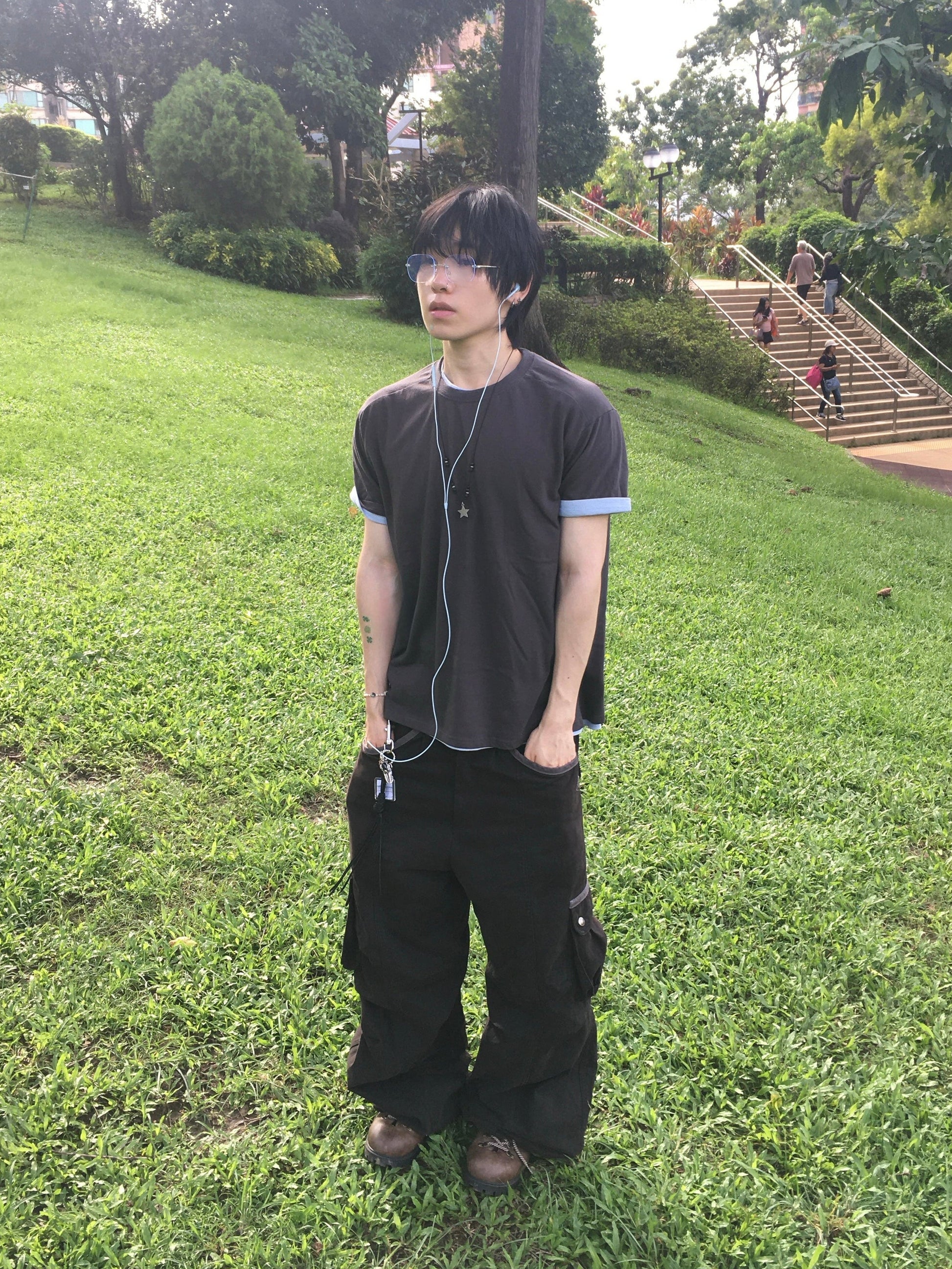 (★1+1) layered crop tee (charcoal+fade blue)