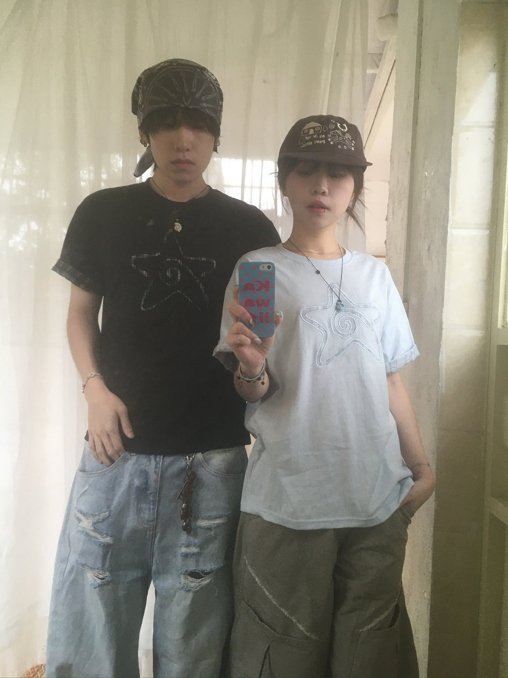 (★BEST) check star roll-up tee (sky blue)