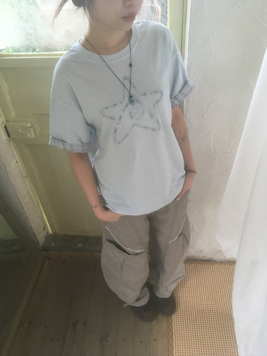 (★BEST) check star roll-up tee (sky blue)
