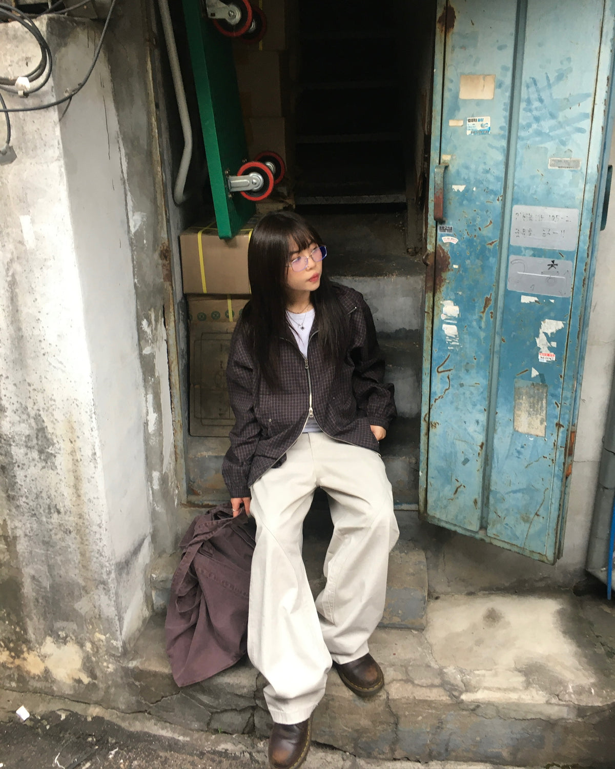 checked zipper jacket (black/navy)