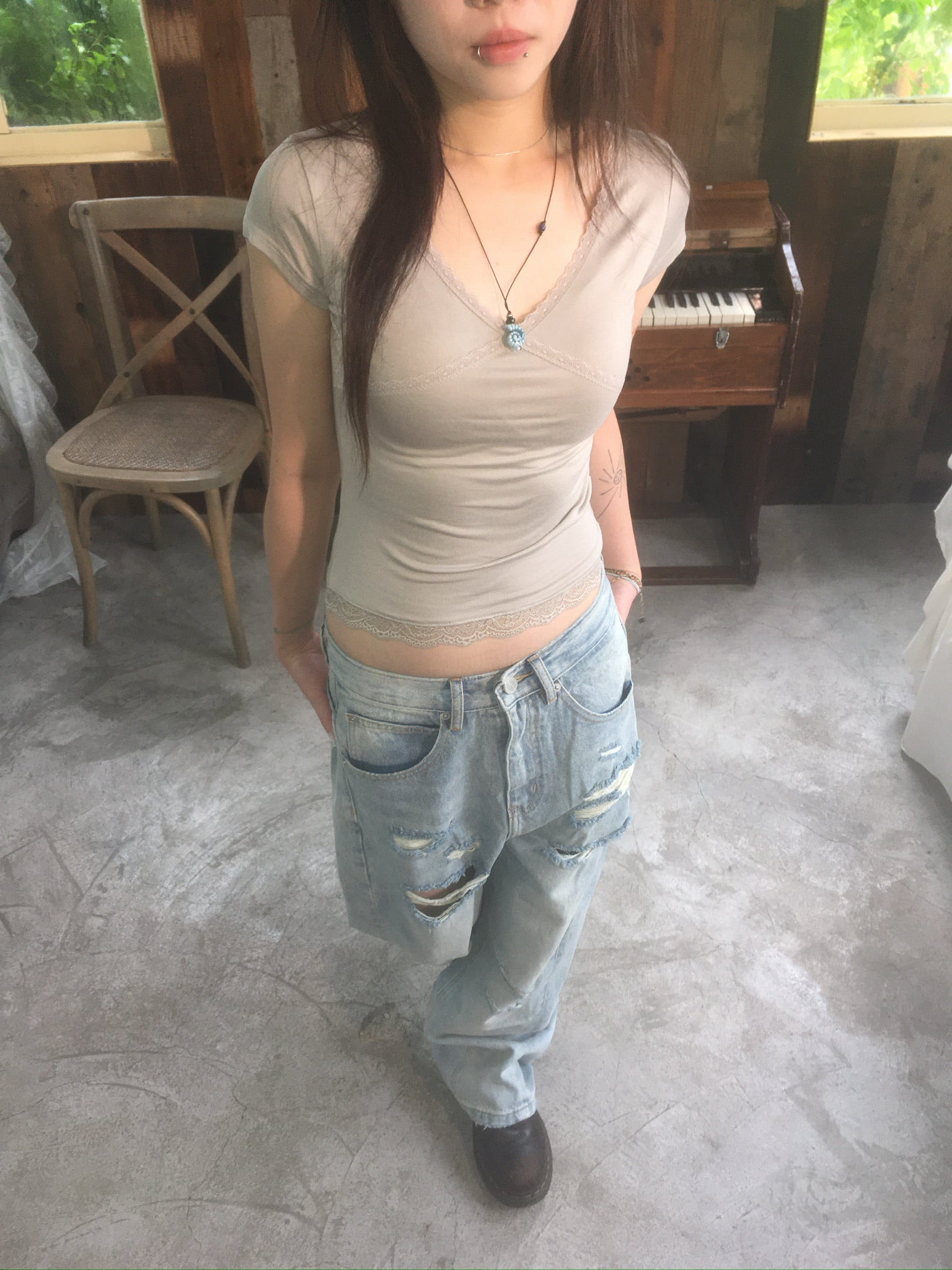 (★BEST) lace trim slim tee (oatmeal)