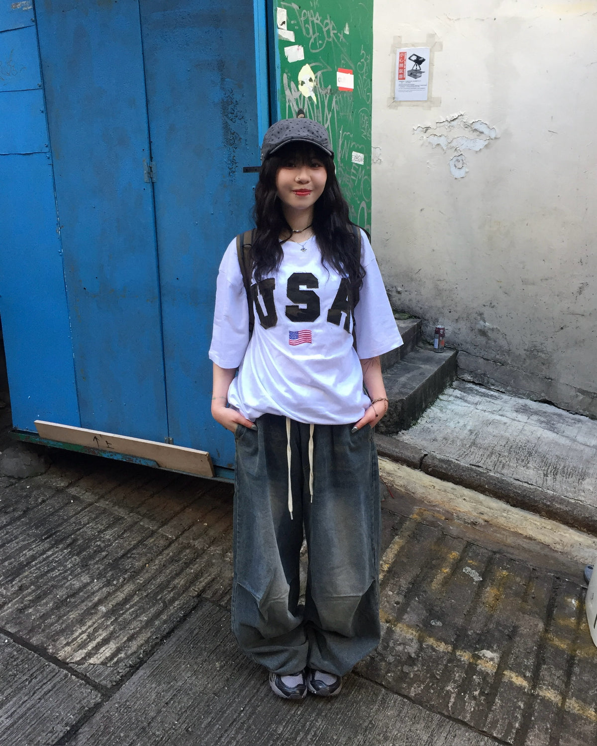 washed string wide jeans (washed blue)