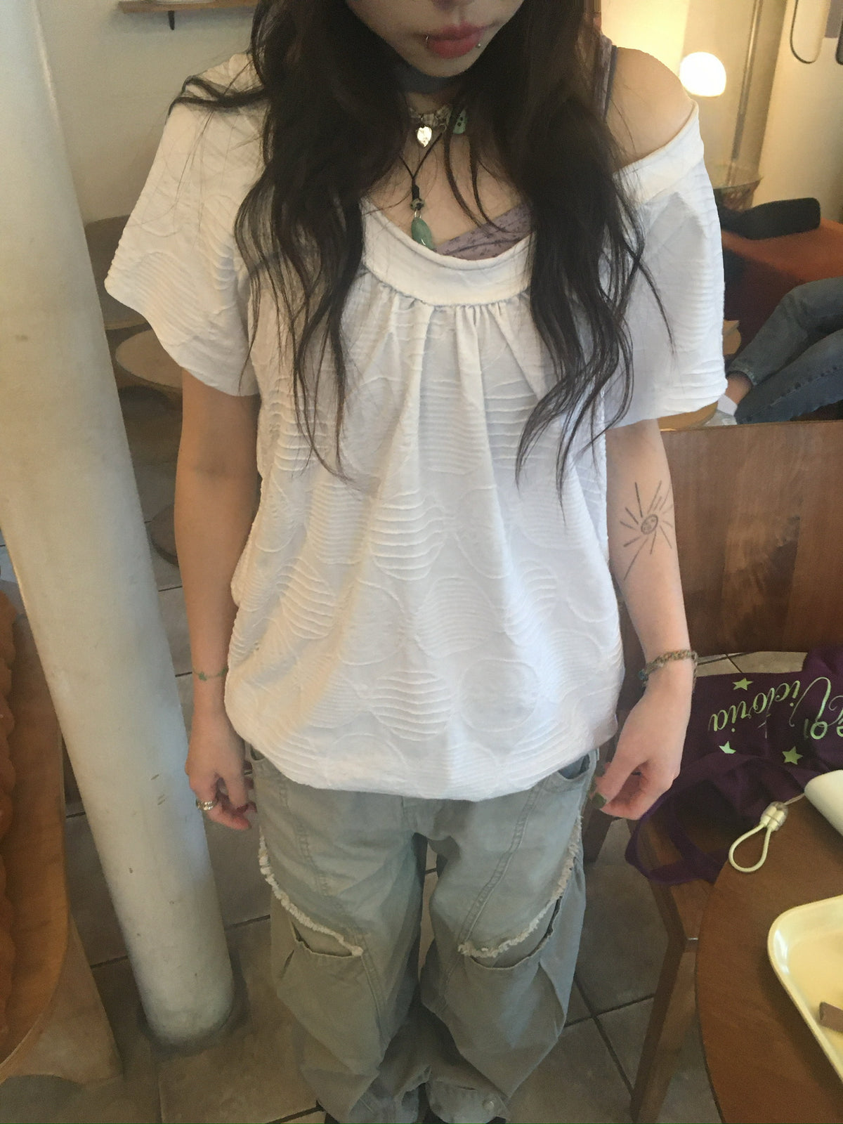 (★best) textured off shoulder blouse