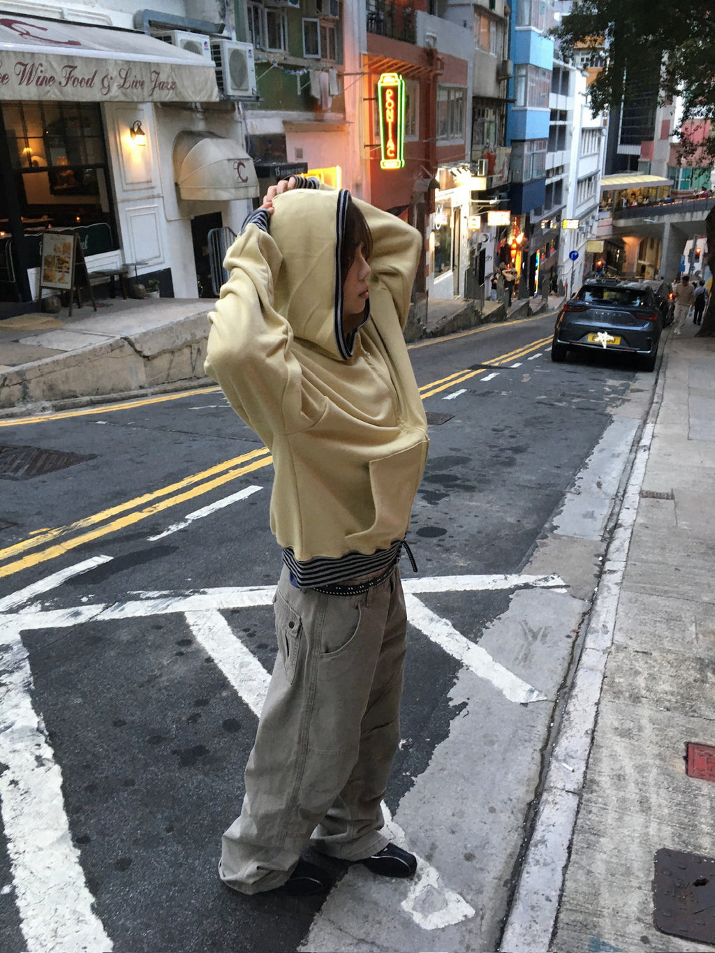 stripe trim hoodie zip up (yellow)