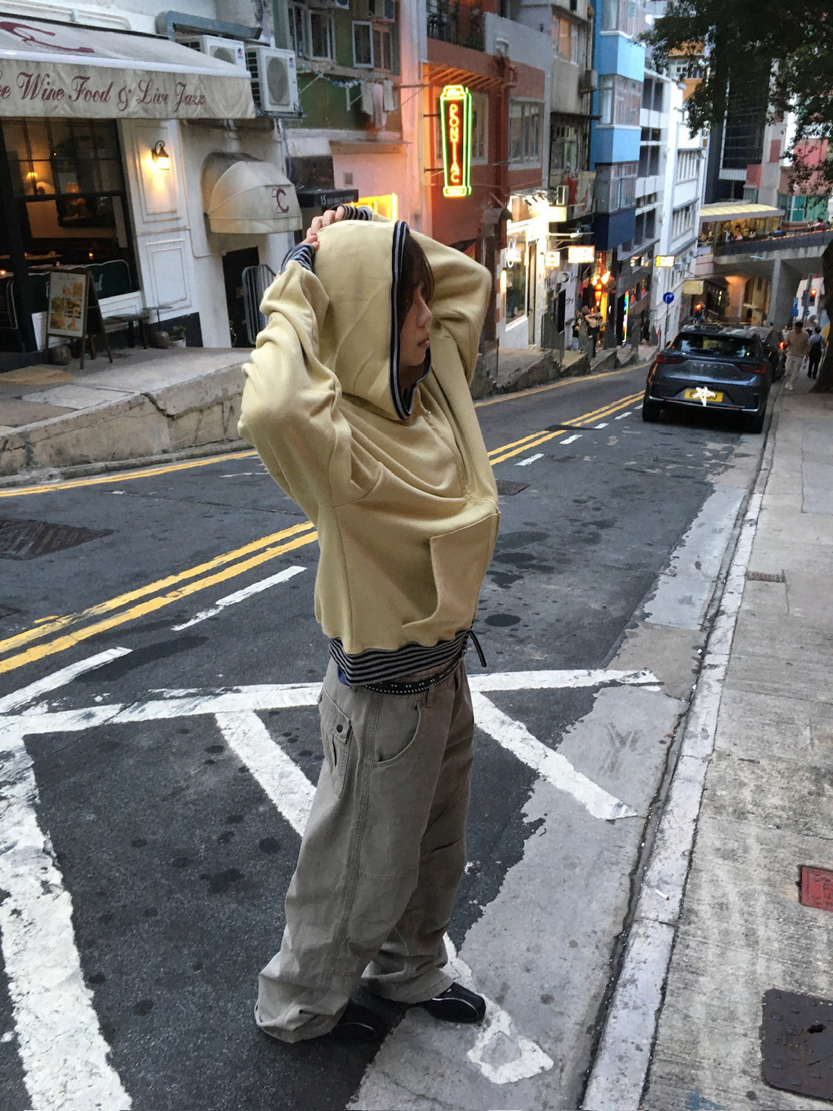 stripe trim hoodie zip up (yellow)