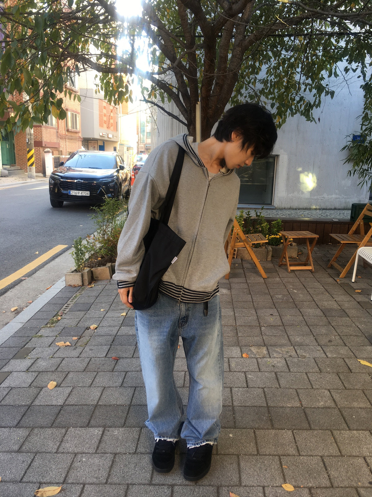 stripe trim hoodie zip up (grey)