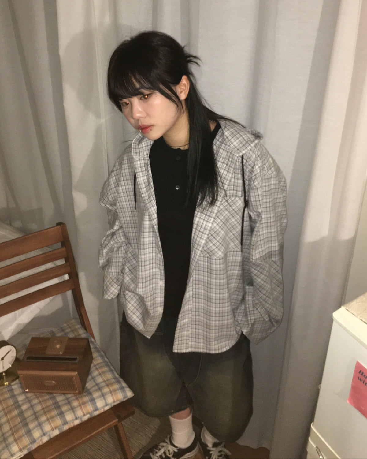 string checked hoodie shirt