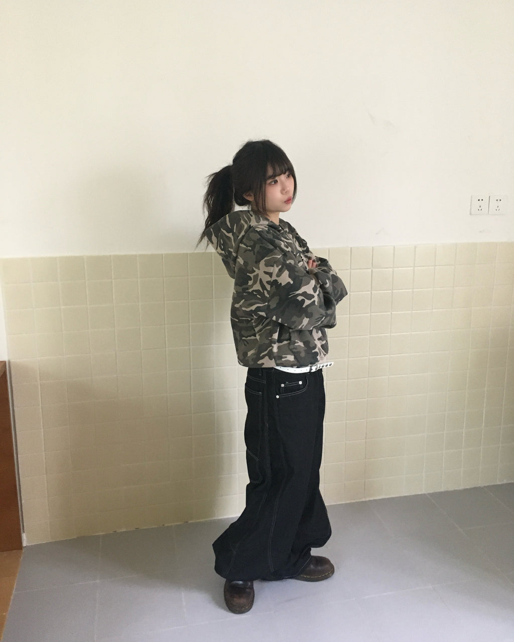 camo waffle zip-up hoodie (beige)