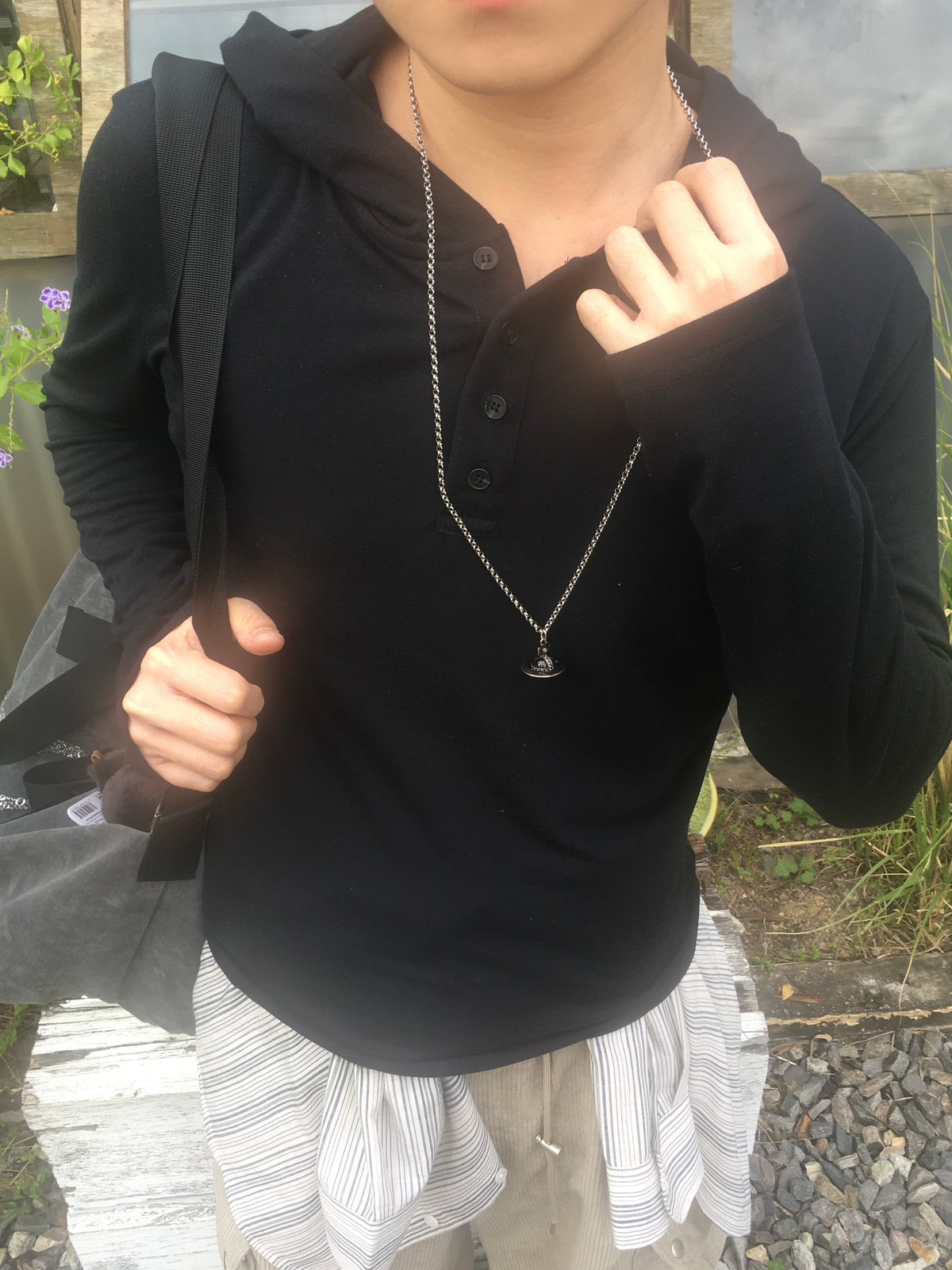 henley neck hooded shirt (black)