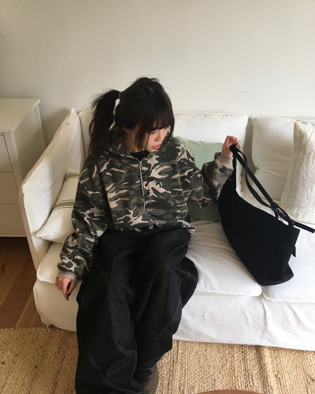 camo waffle zip-up hoodie (beige)