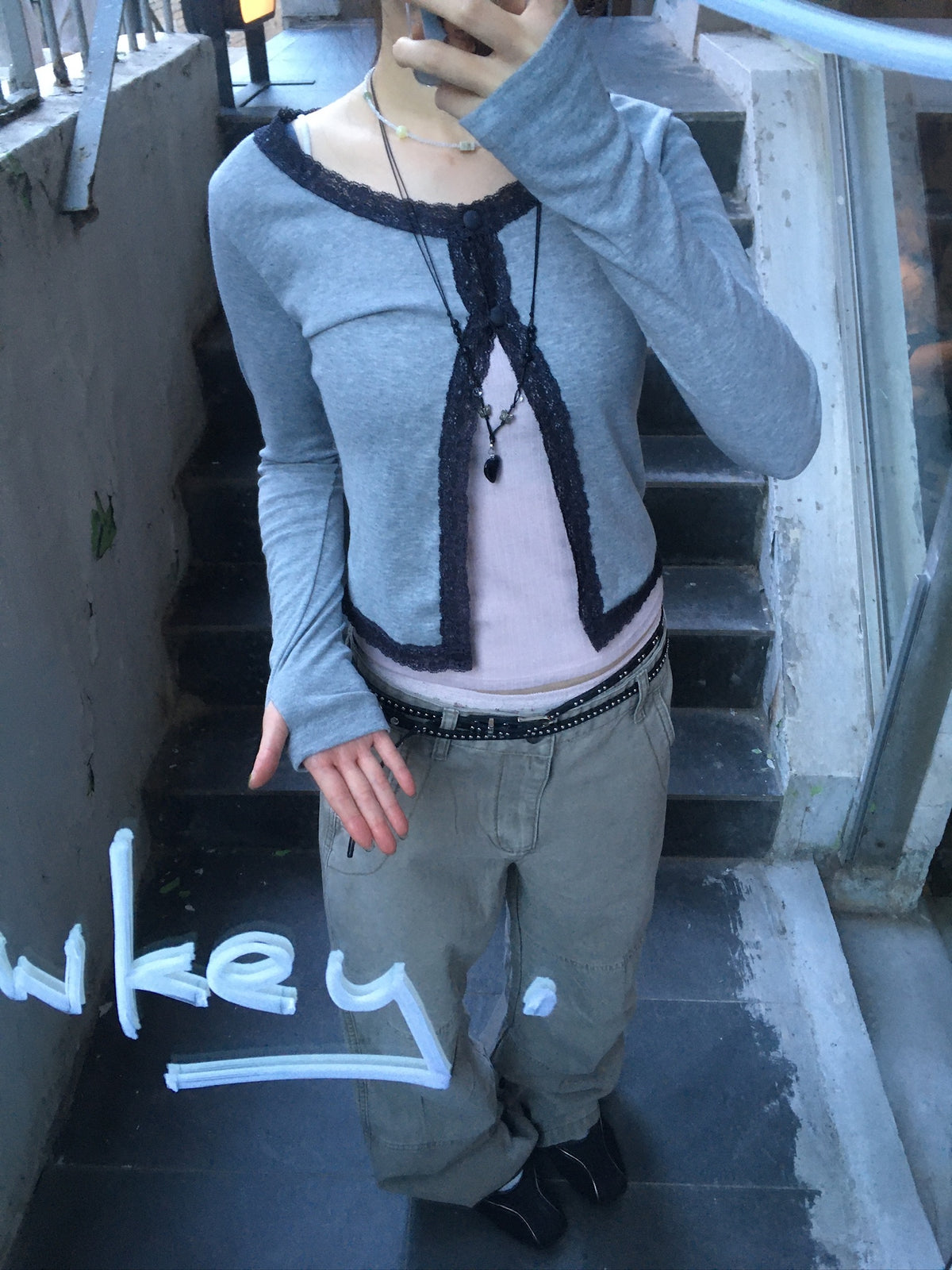 lace trim button cardigan (grey)