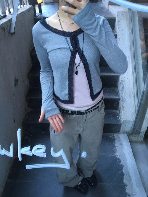 lace trim button cardigan (grey)