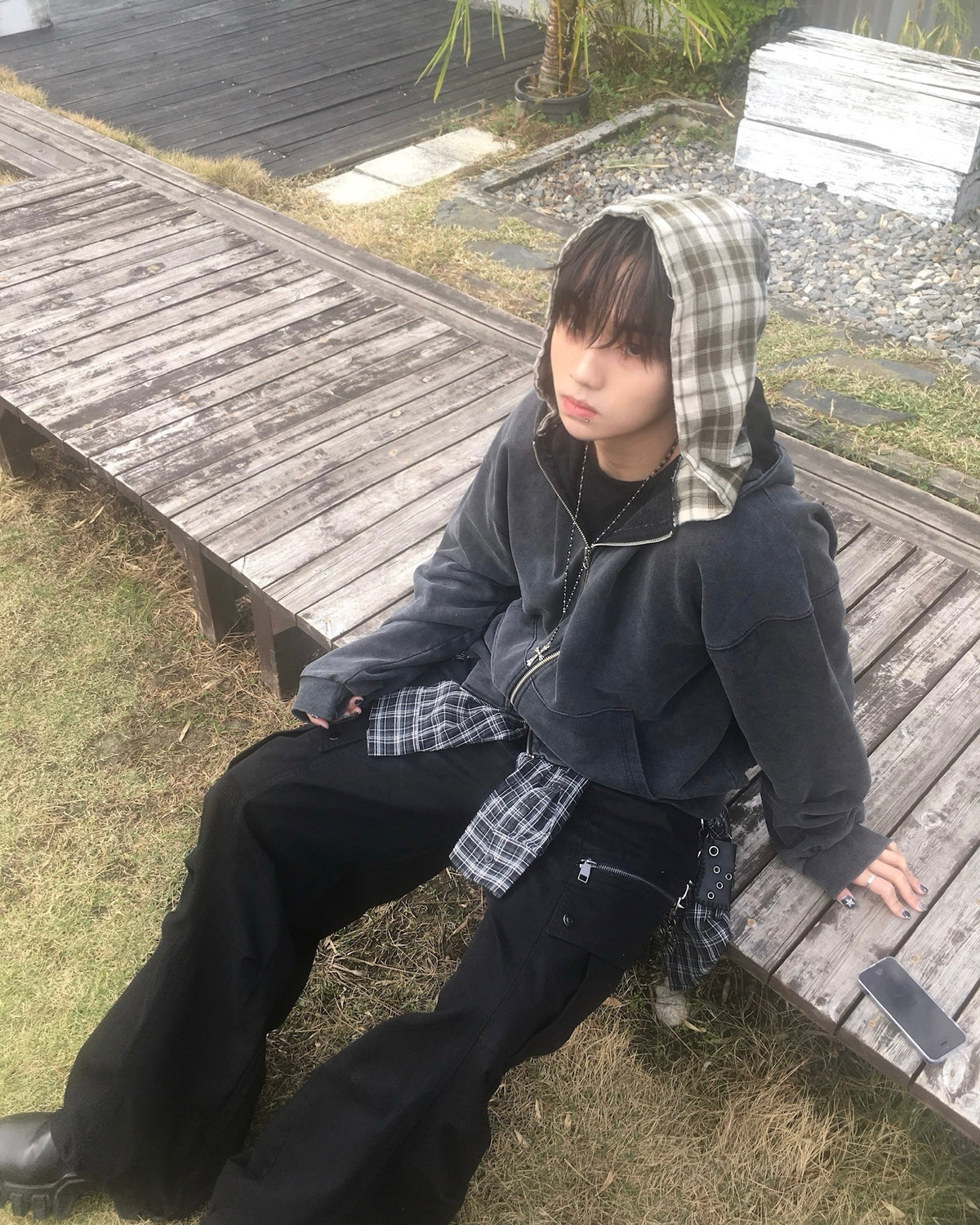 layered check zip-up hoodie